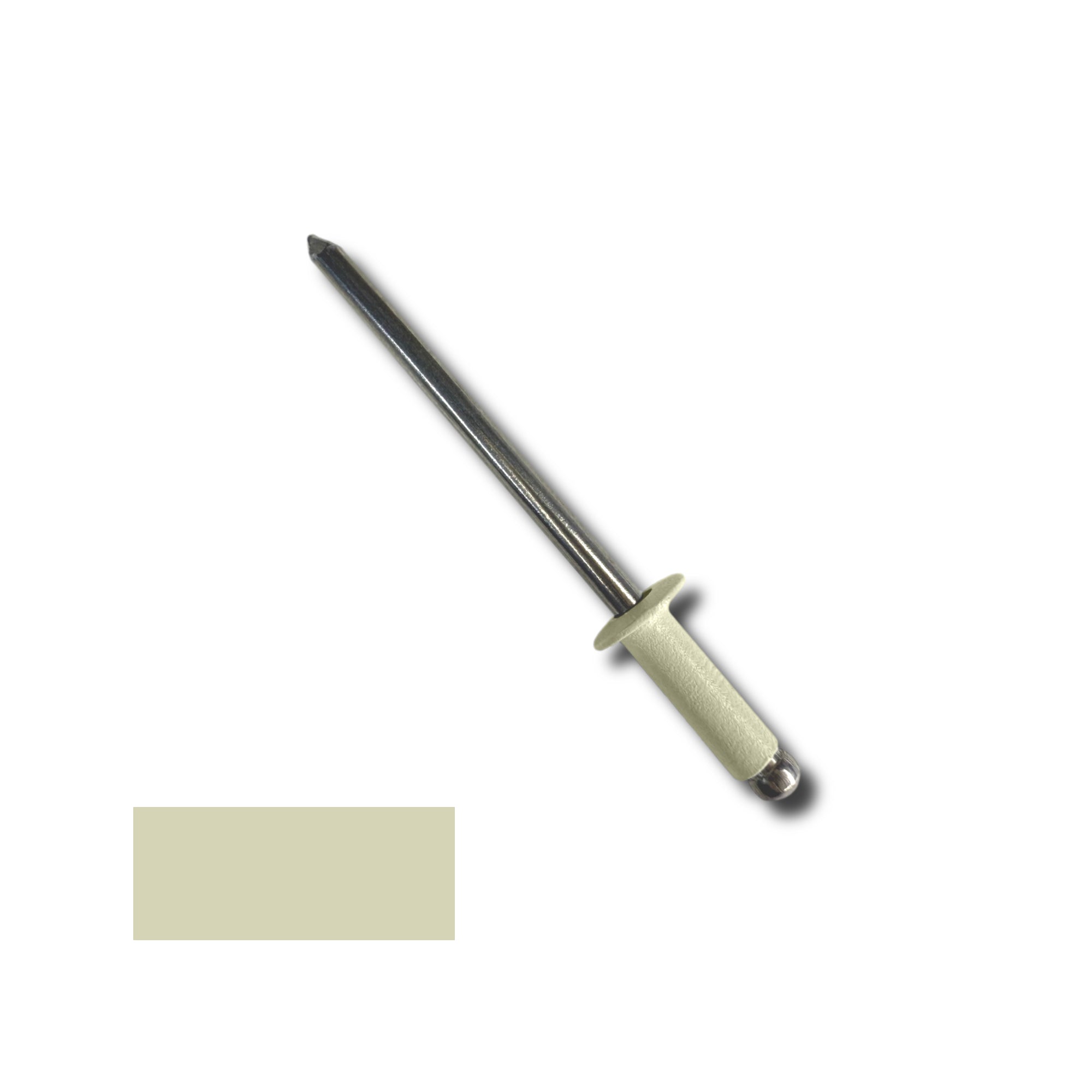 A number 44 Aluminum Pop Rivet with a 3/8 inch grip. There is a color swatch in the bottom left corner. The rivet is Lightstone in color.