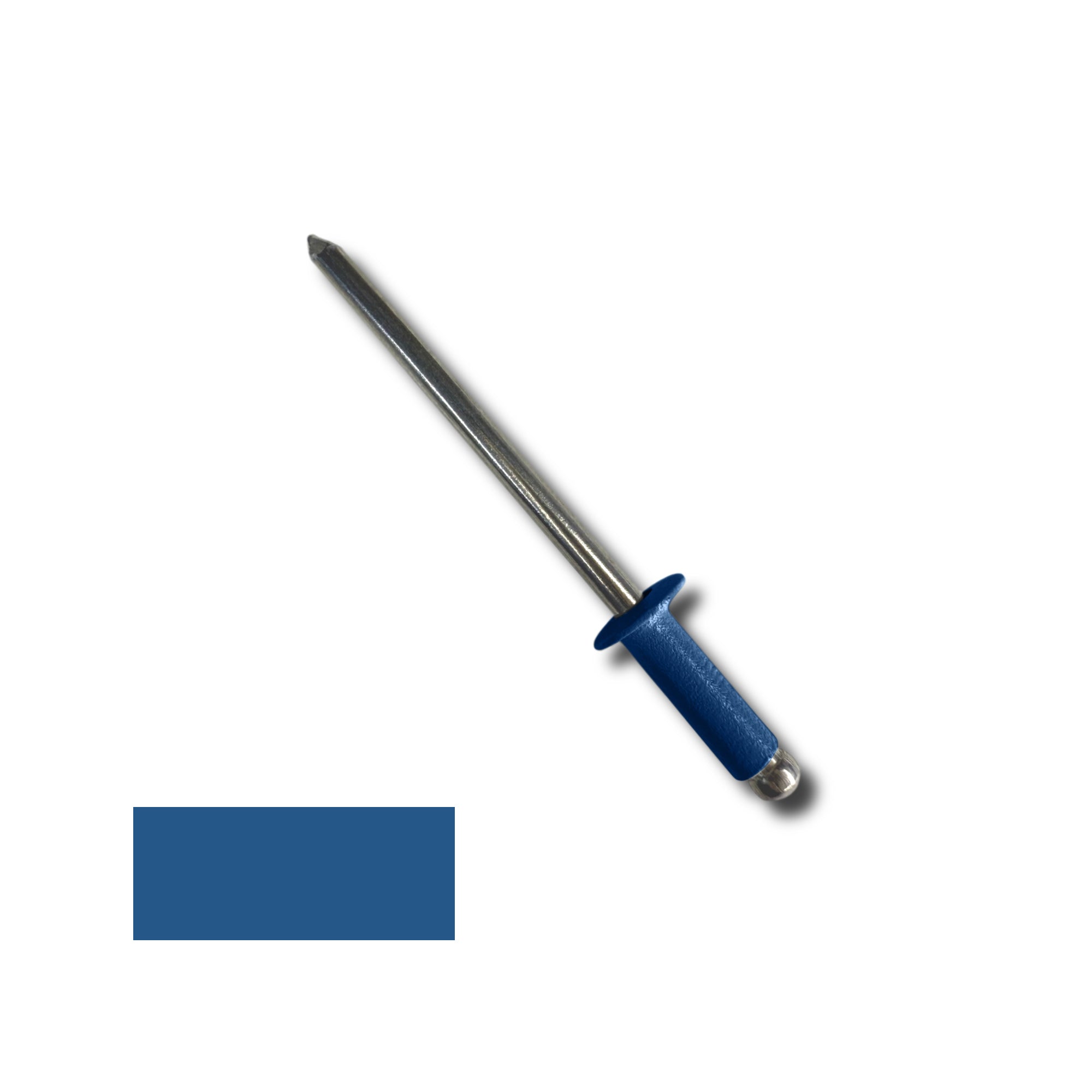 A number 44 Aluminum Pop Rivet with a 3/8 inch grip. There is a color swatch in the bottom left corner. The rivet is Regal Blue in color.