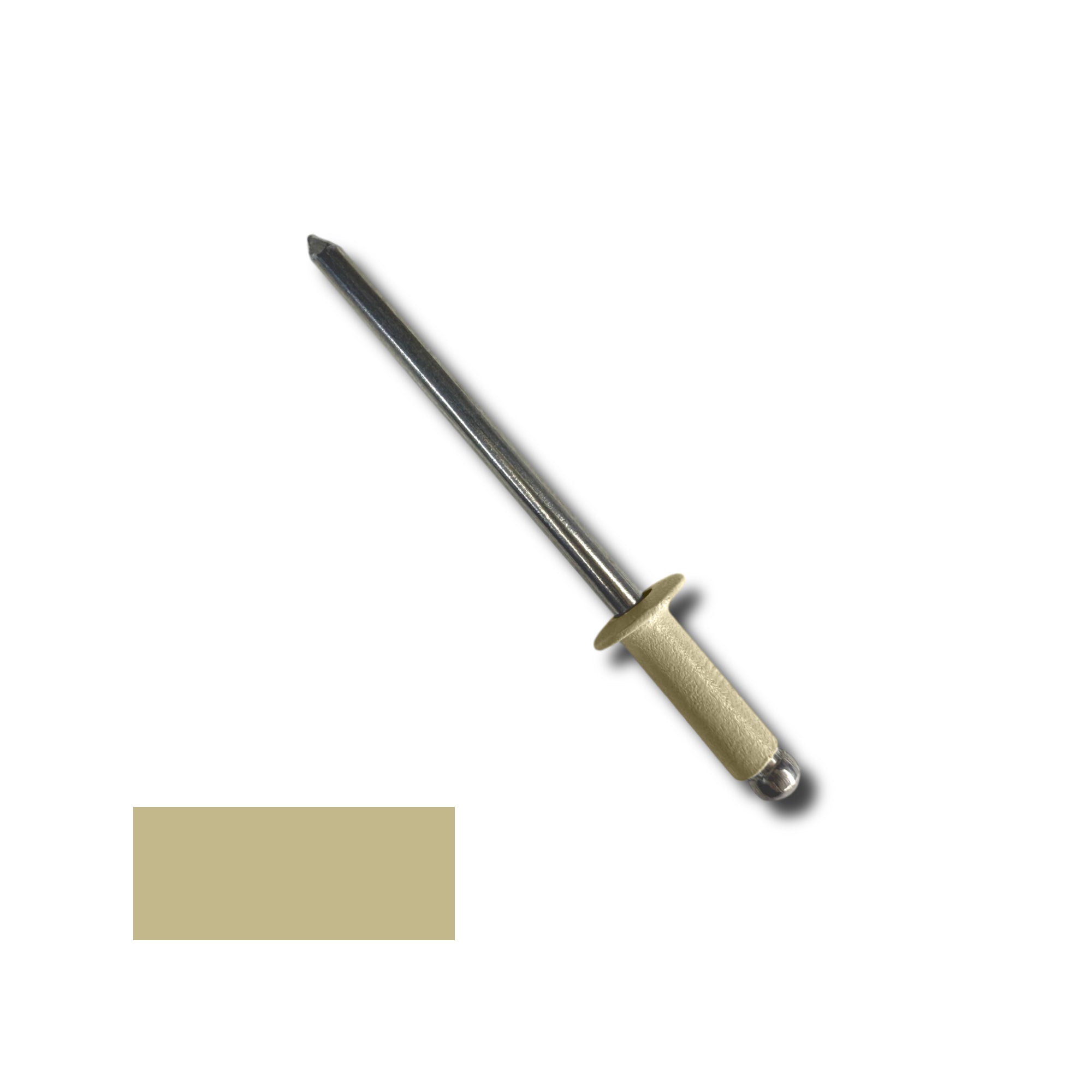 A number 44 Aluminum Pop Rivet with a 3/8 inch grip. There is a color swatch in the bottom left corner. The rivet is Sahara Tan in color.