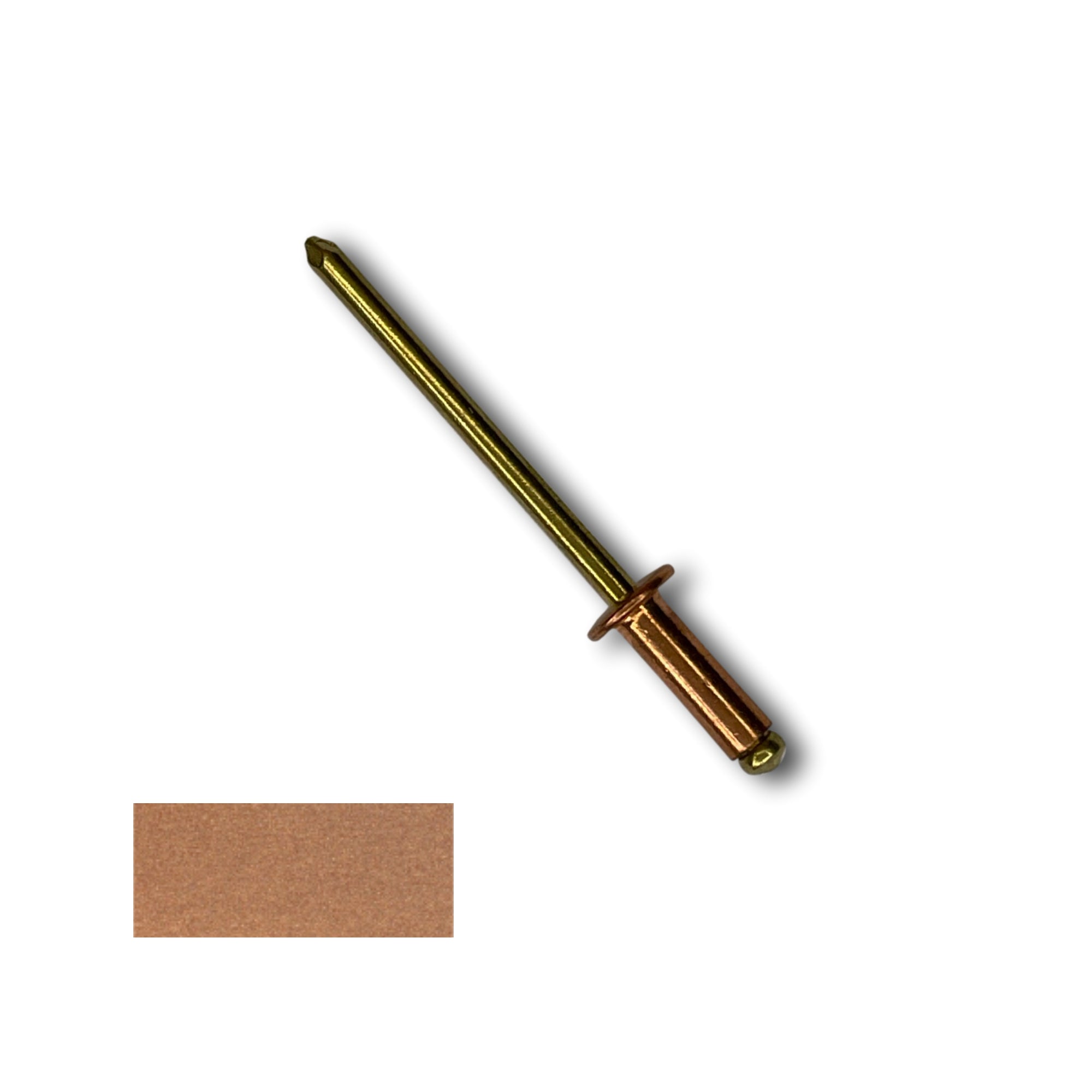 A number 44 Copper Pop Rivet with a 1/4 inch grip. There is a color swatch in the bottom left corner. The rivet is Copper in color.