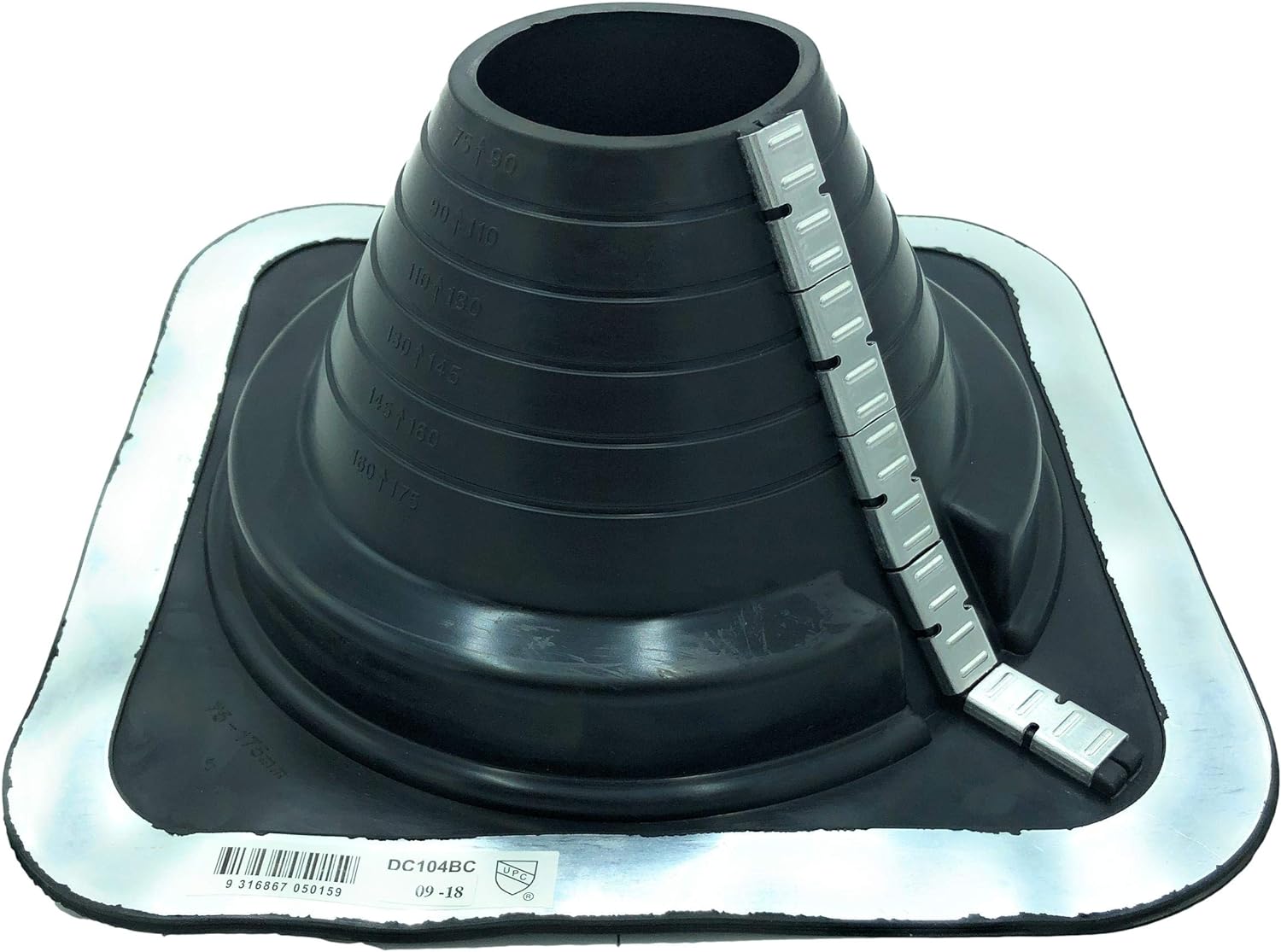 A number 4 size Black Square Pipe Flashing Boot. The boot is made of Silicone, and the measurements are featured on the side of the boot for reference when cutting. The boot features zipper clips on the side for installing over existing pipes.