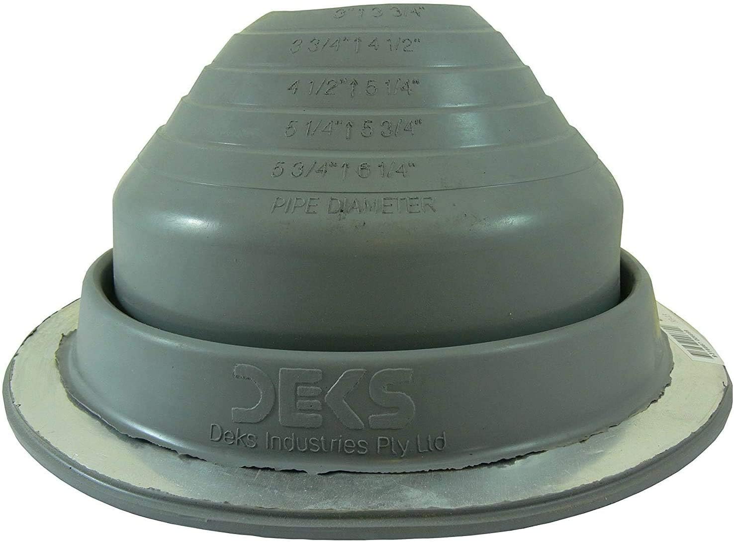 A number 4 size Gray Round Pipe Flashing Boot. The boot is made of Silicone, and the measurements are featured on the side of the boot for reference when cutting.