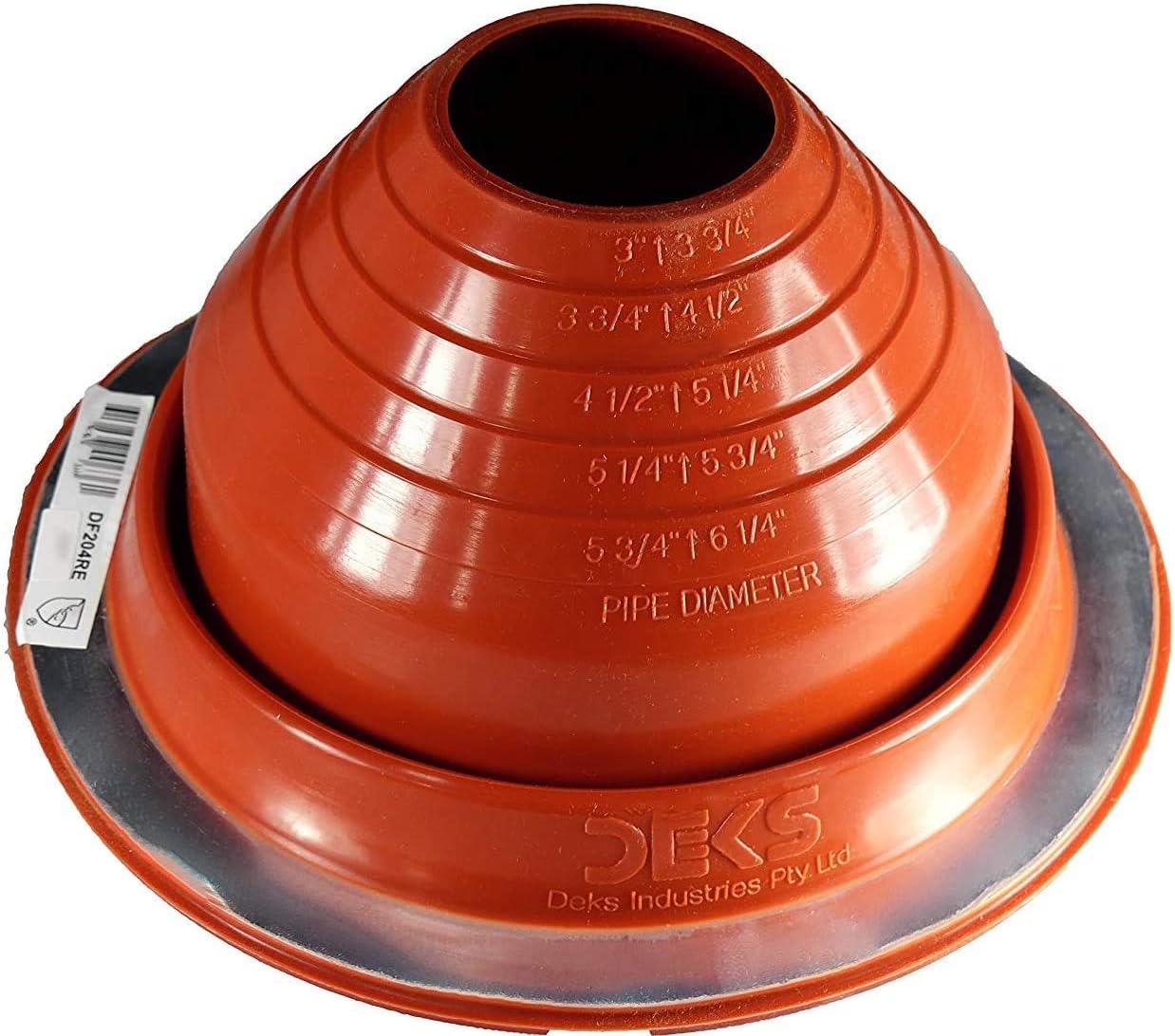 A number 4 size Red Round Metal Roofing Pipe Boot. The boot is made of EPDM and is meant for high temperature applications. The boot also features sizes on the side for reference when cutting.