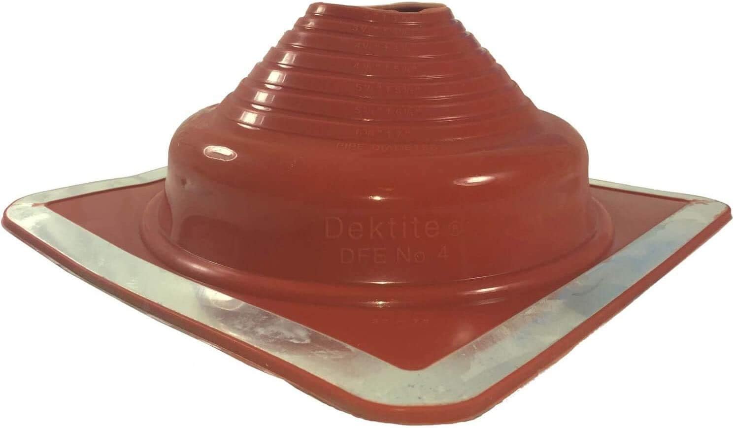 A number 4 size Red Square Metal Roofing Pipe Boot. The boot is made of EPDM and is meant for high temperature applications. The boot features dimensions on the side for reference when cutting.