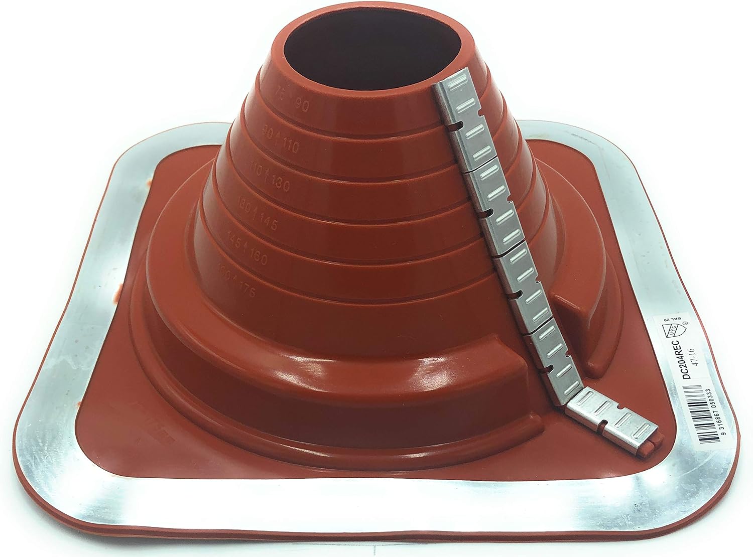 A number 4 size Red Square Base Pipe Flashing Boot. The boot is made of EPDM and is meant for high temperature applications. The boot features zipper clips on the side for installing over existing pipes.