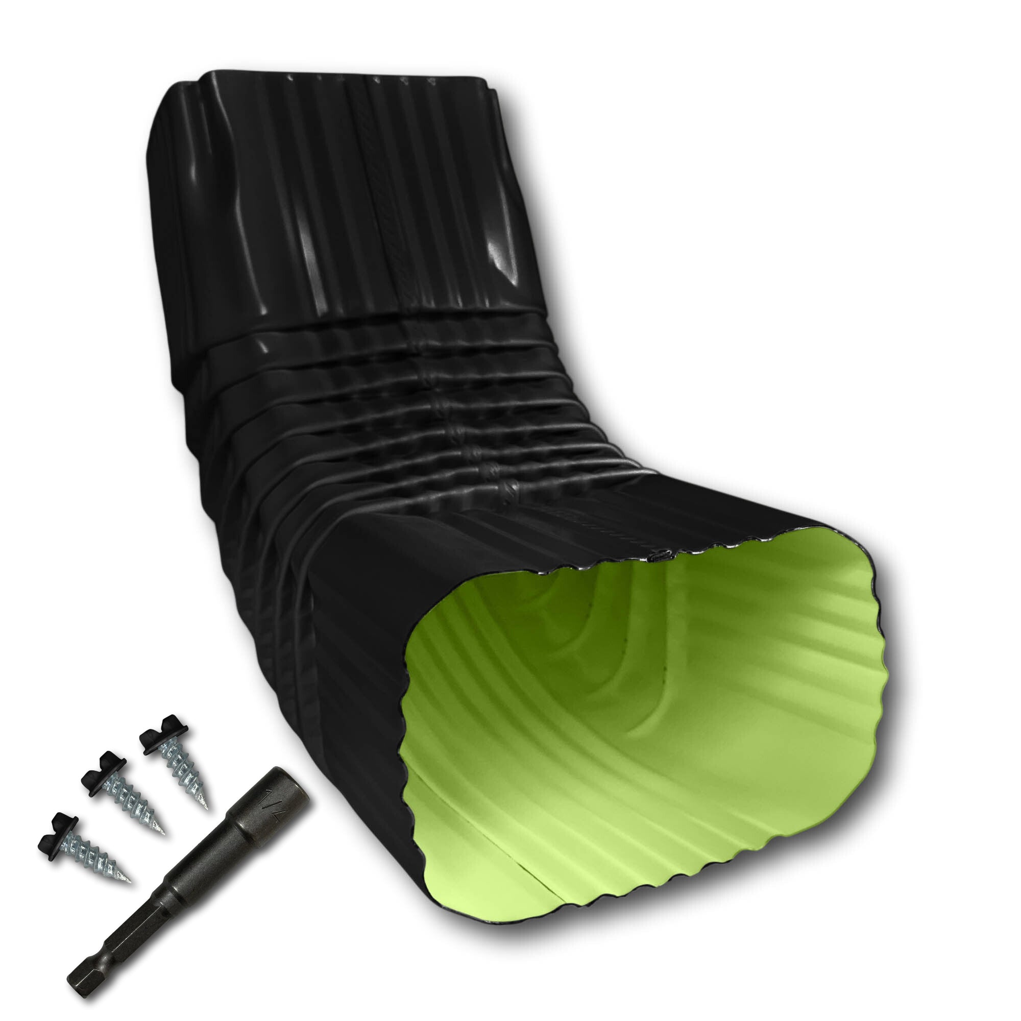 A Painted Aluminum Gutter Downspout Elbow that is Black in color. Matching screws and hex bit driver are included.