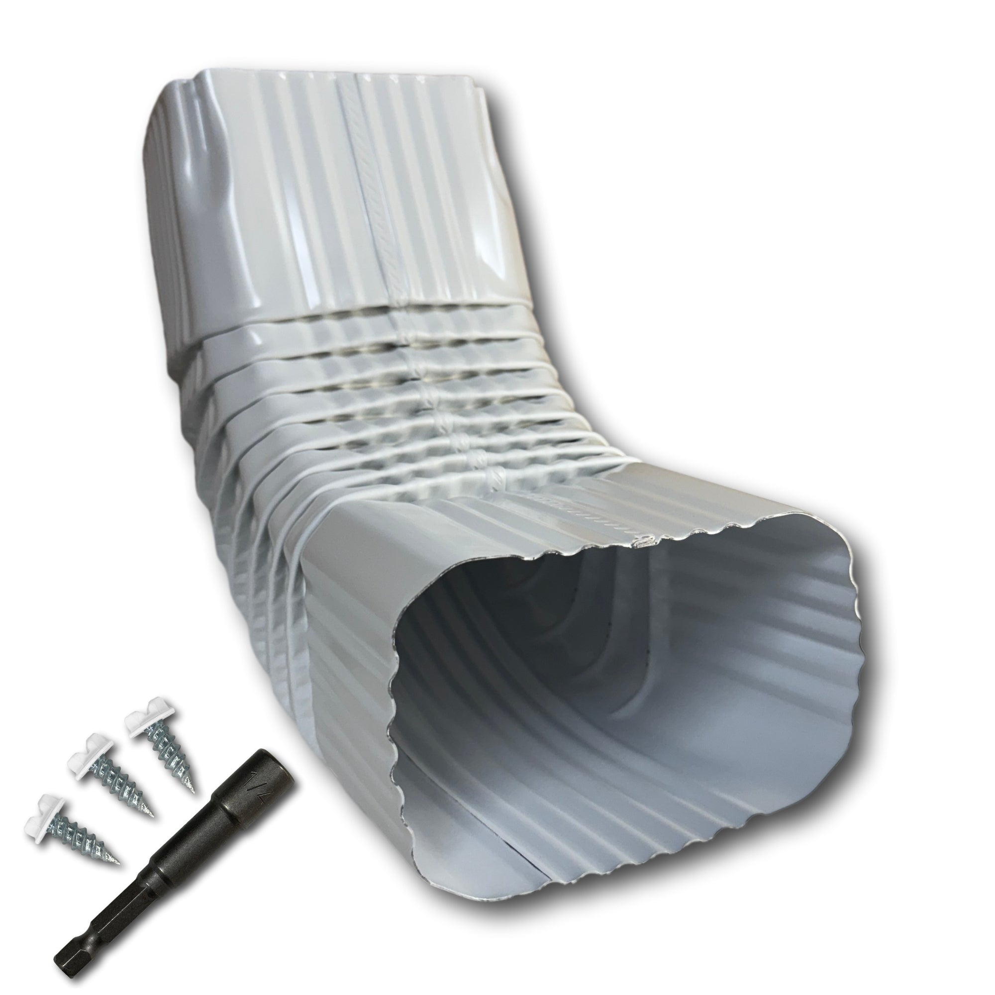 A Painted Aluminum Gutter Downspout Elbow that is White in color. Matching screws and hex bit driver are included.