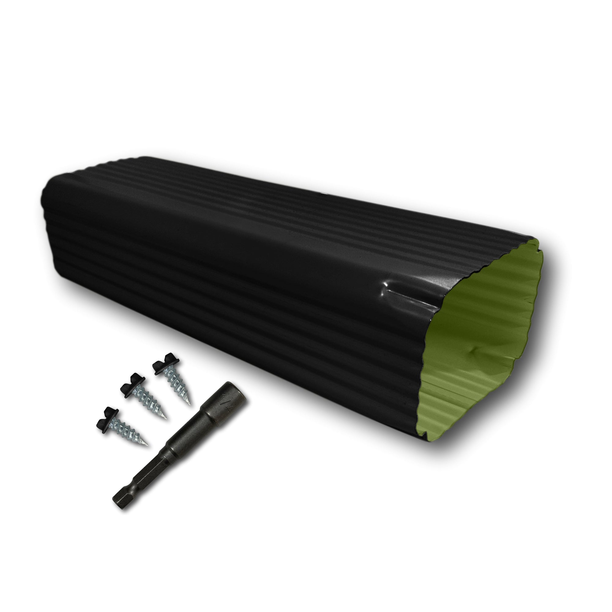 A Painted Aluminum Gutter Downspout Extension that is Black in color. Matching screws and hex bit driver are included.