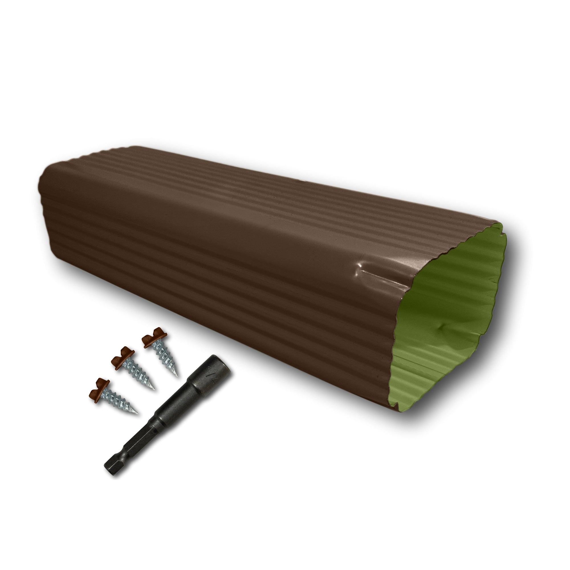 A Painted Aluminum Gutter Downspout Extension that is Brown in color. Matching screws and hex bit driver are included.