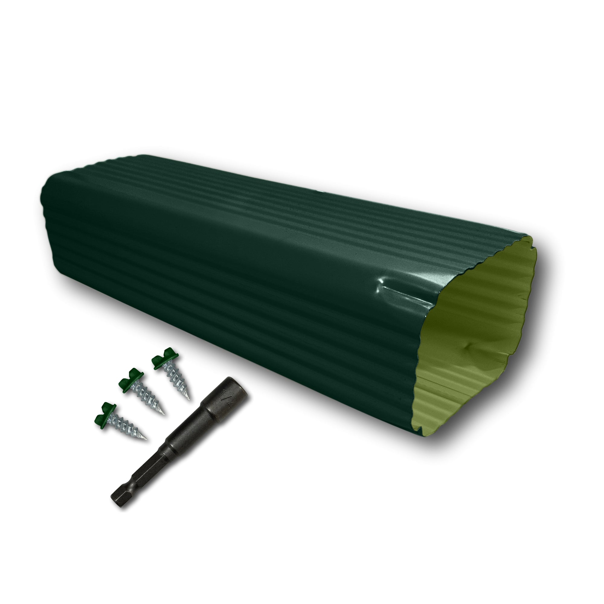 A Painted Aluminum Gutter Downspout Extension that is Green in color. Matching screws and hex bit driver are included.