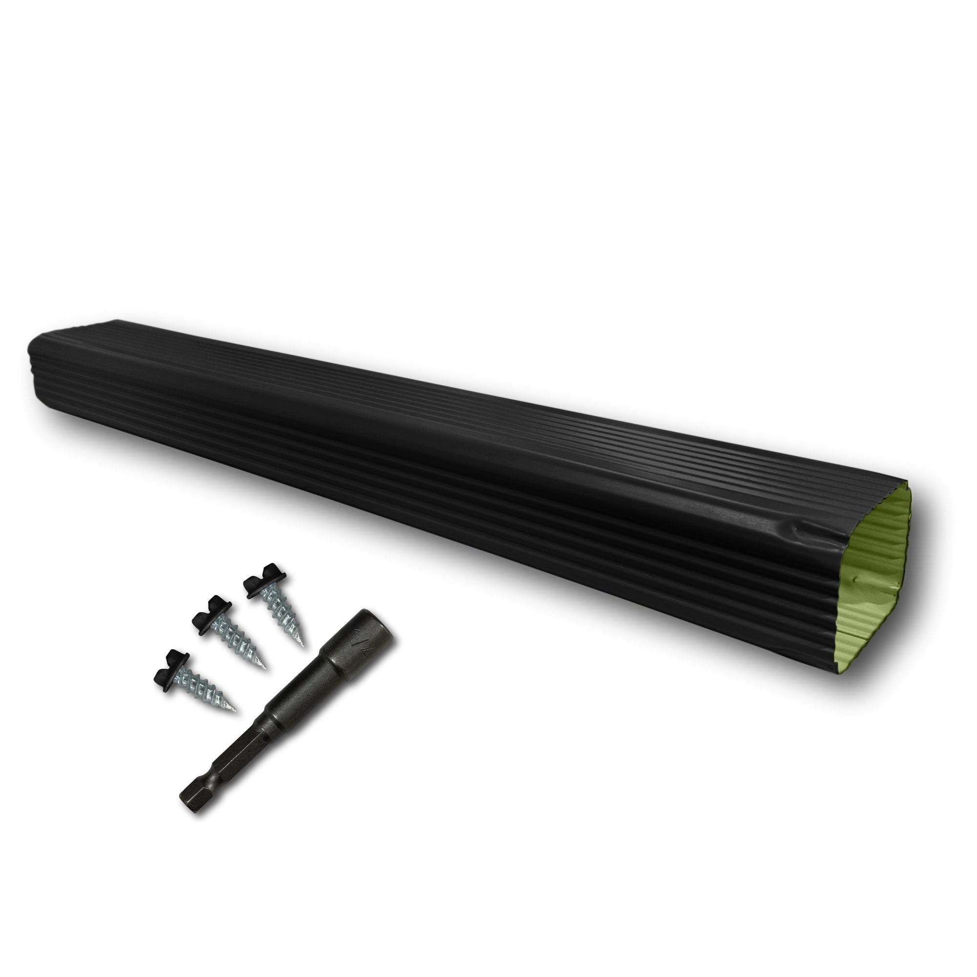 A Painted Aluminum Gutter Downspout Extension that is Black in color. Matching screws and hex bit driver are included.