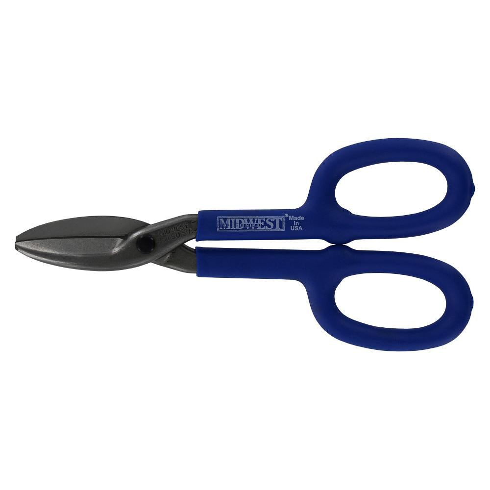 A pair of 8 inch long sheet metal tin snips in the color blue.