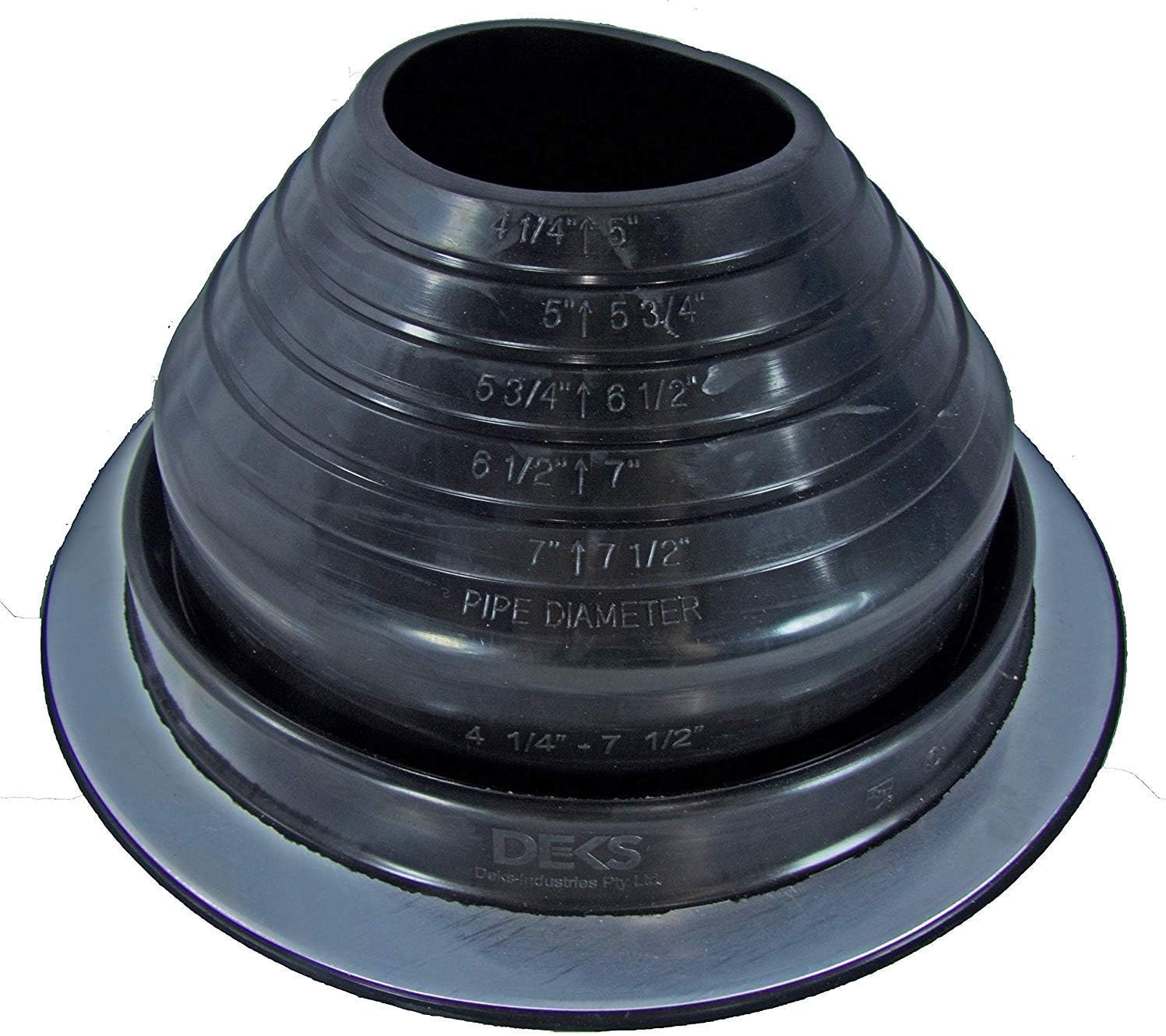 A number 5 size Black Round Pipe Flashing Boot. The boot is made of Silicone, and the measurements are featured on the side of the boot for reference when cutting.