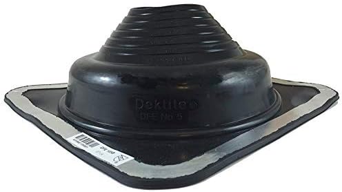 A number 5 size Black Square Pipe Flashing Boot. The boot is made of Silicone, and the measurements are featured on the side of the boot for reference when cutting.