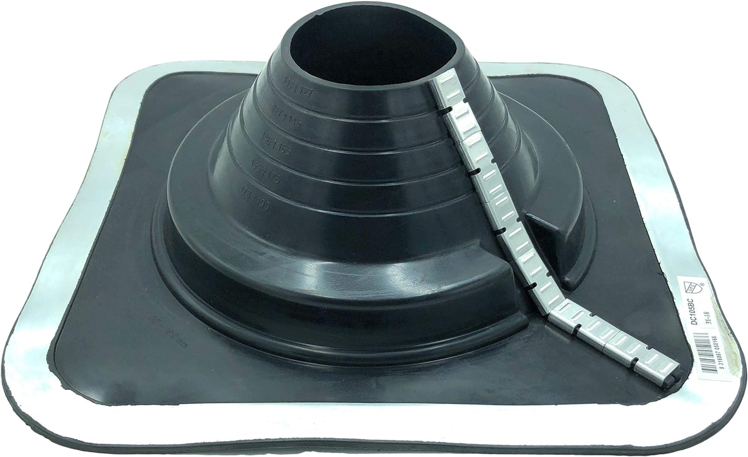 A number 5 size Black Square Pipe Flashing Boot. The boot is made of Silicone, and the measurements are featured on the side of the boot for reference when cutting. The boot features zipper clips on the side for installing over existing pipes.