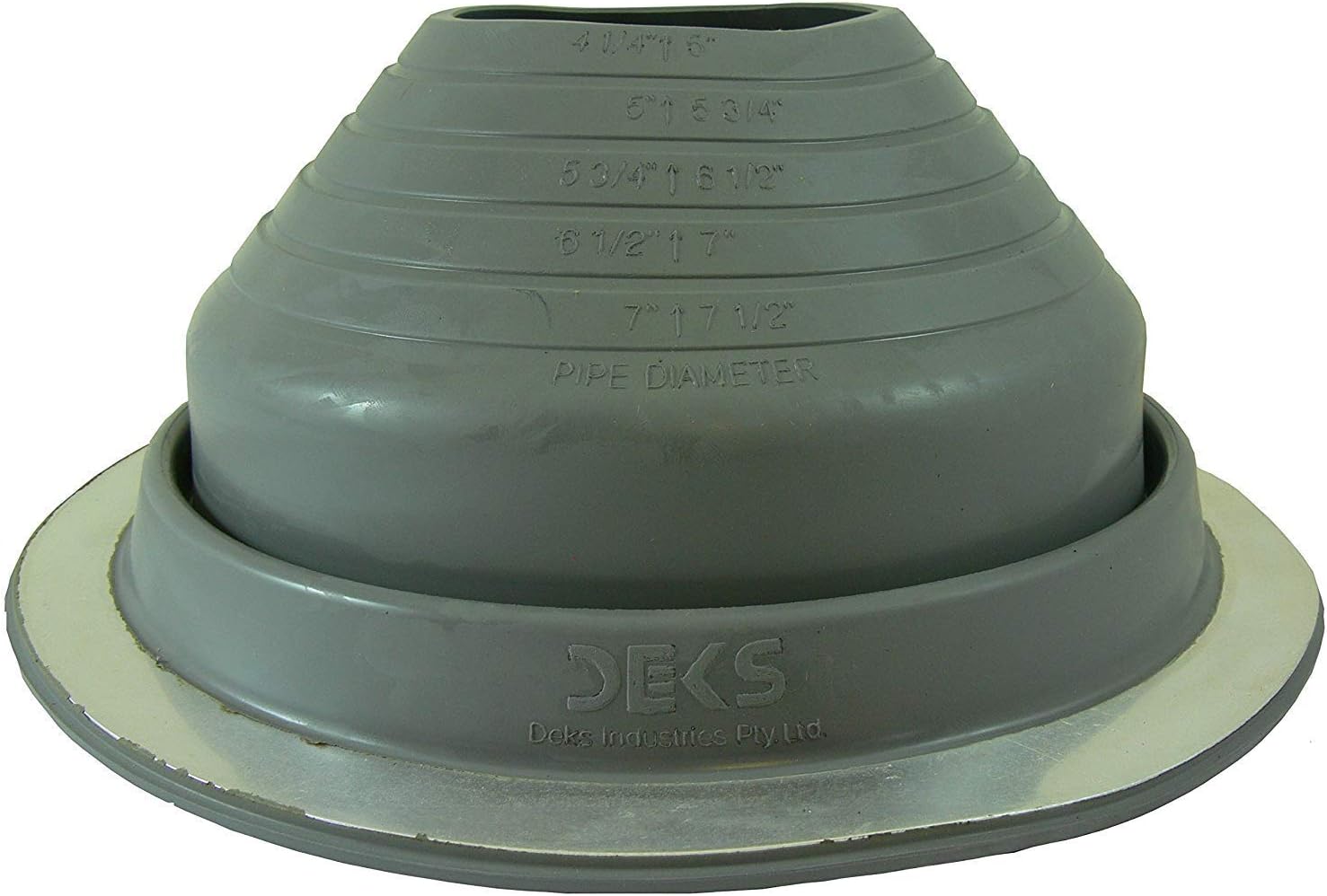 A number 5 size Gray Round Pipe Flashing Boot. The boot is made of Silicone, and the measurements are featured on the side of the boot for reference when cutting.