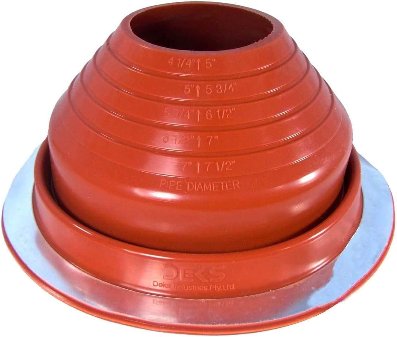 A number 5 size Red Round Metal Roofing Pipe Boot. The boot is made of EPDM and is meant for high temperature applications. The boot also features sizes on the side for reference when cutting.