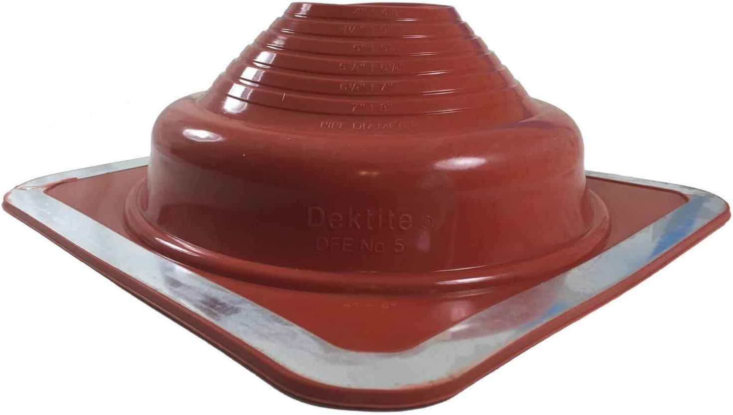 A number 5 size Red Square Metal Roofing Pipe Boot. The boot is made of EPDM and is meant for high temperature applications. The boot features dimensions on the side for reference when cutting.