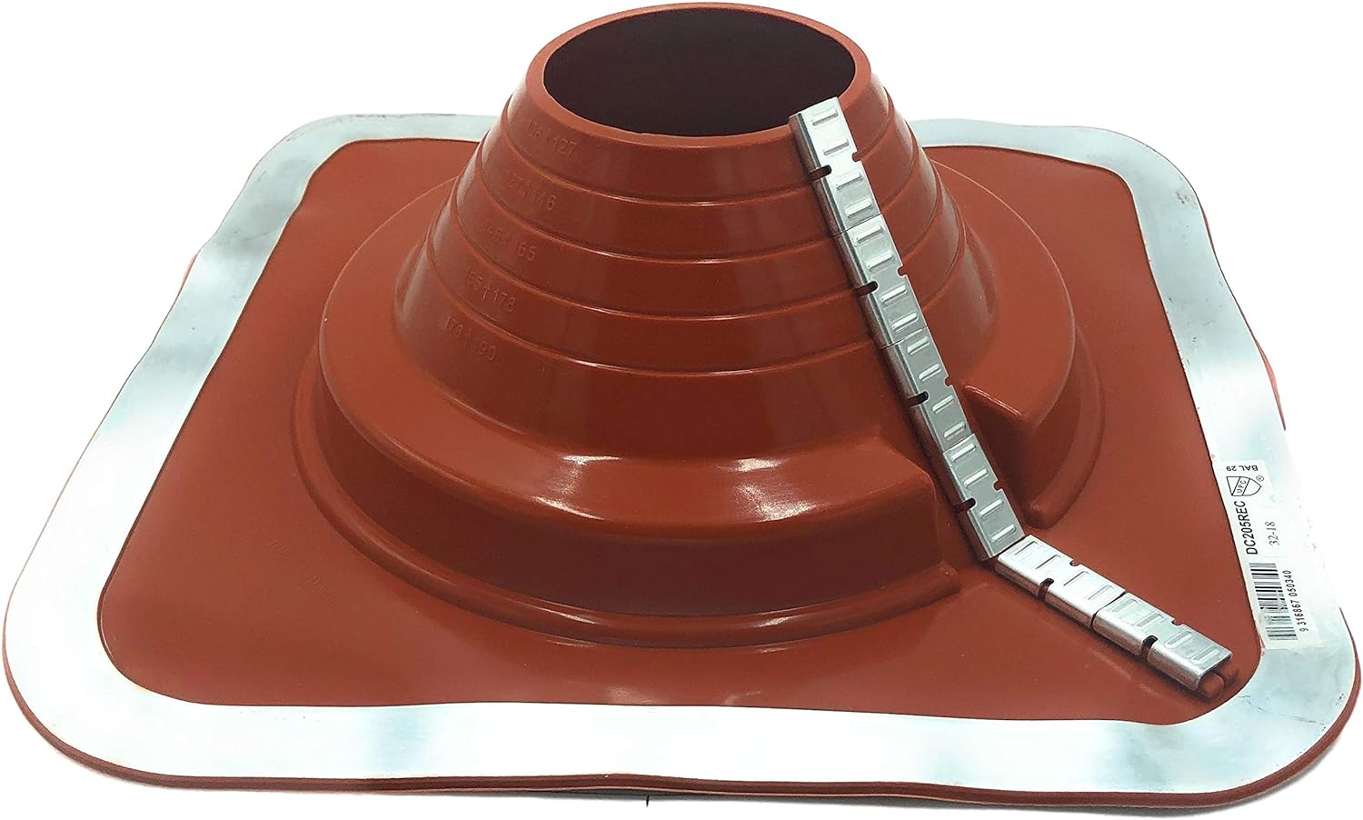 A number 5 size Red Square Base Pipe Flashing Boot. The boot is made of EPDM and is meant for high temperature applications. The boot features zipper clips on the side for installing over existing pipes.