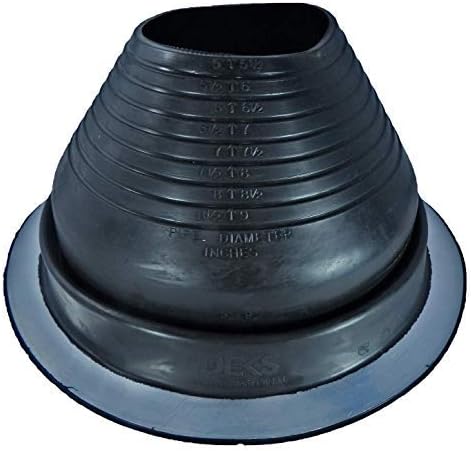 A number 6 size Black Round Pipe Flashing Boot. The boot is made of Silicone, and the measurements are featured on the side of the boot for reference when cutting.