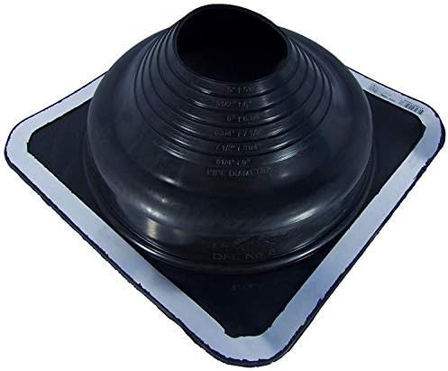 A number 6 size Black Square Pipe Flashing Boot. The boot is made of Silicone, and the measurements are featured on the side of the boot for reference when cutting.