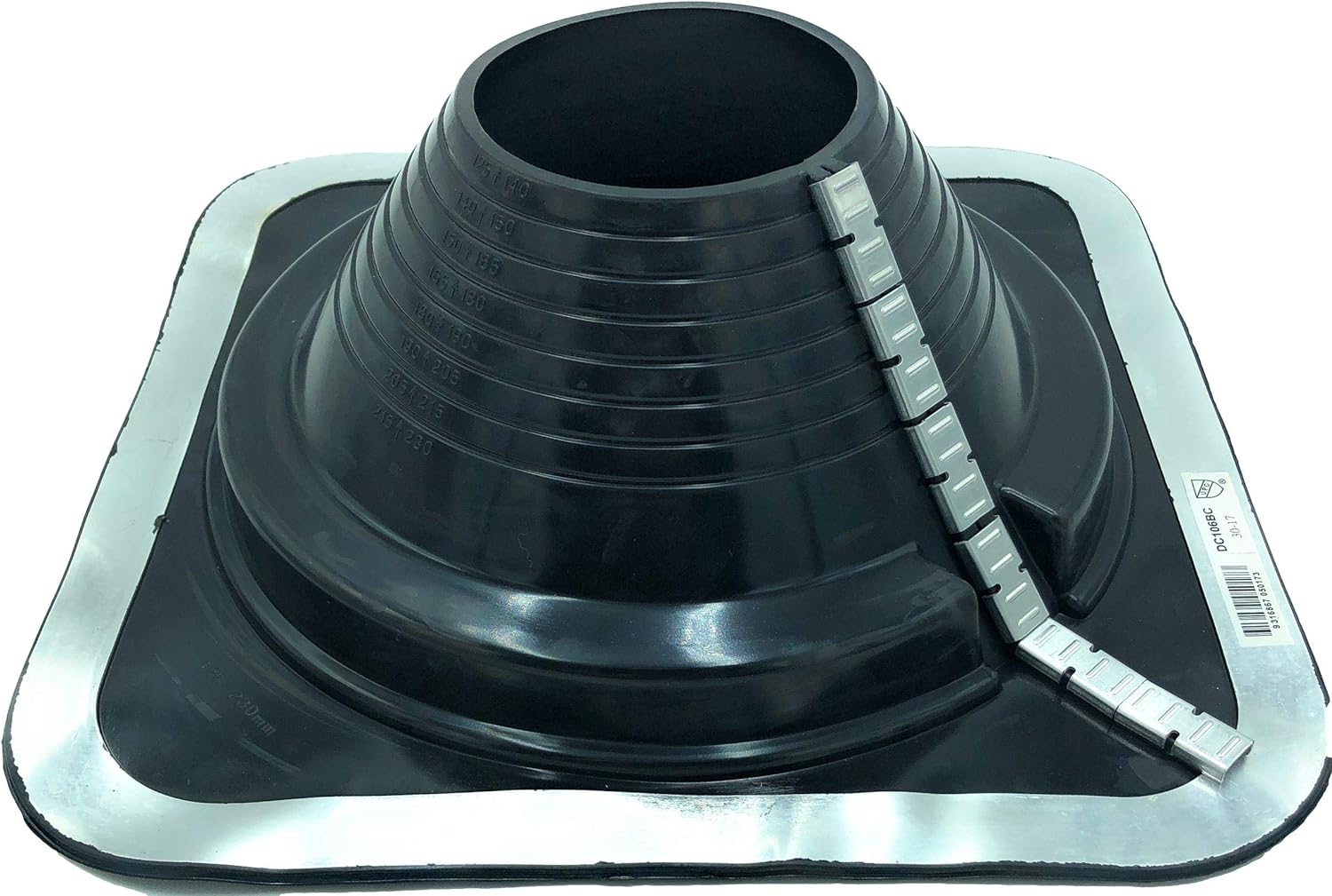 A number 6 size Black Square Pipe Flashing Boot. The boot is made of Silicone, and the measurements are featured on the side of the boot for reference when cutting. The boot features zipper clips on the side for installing over existing pipes.