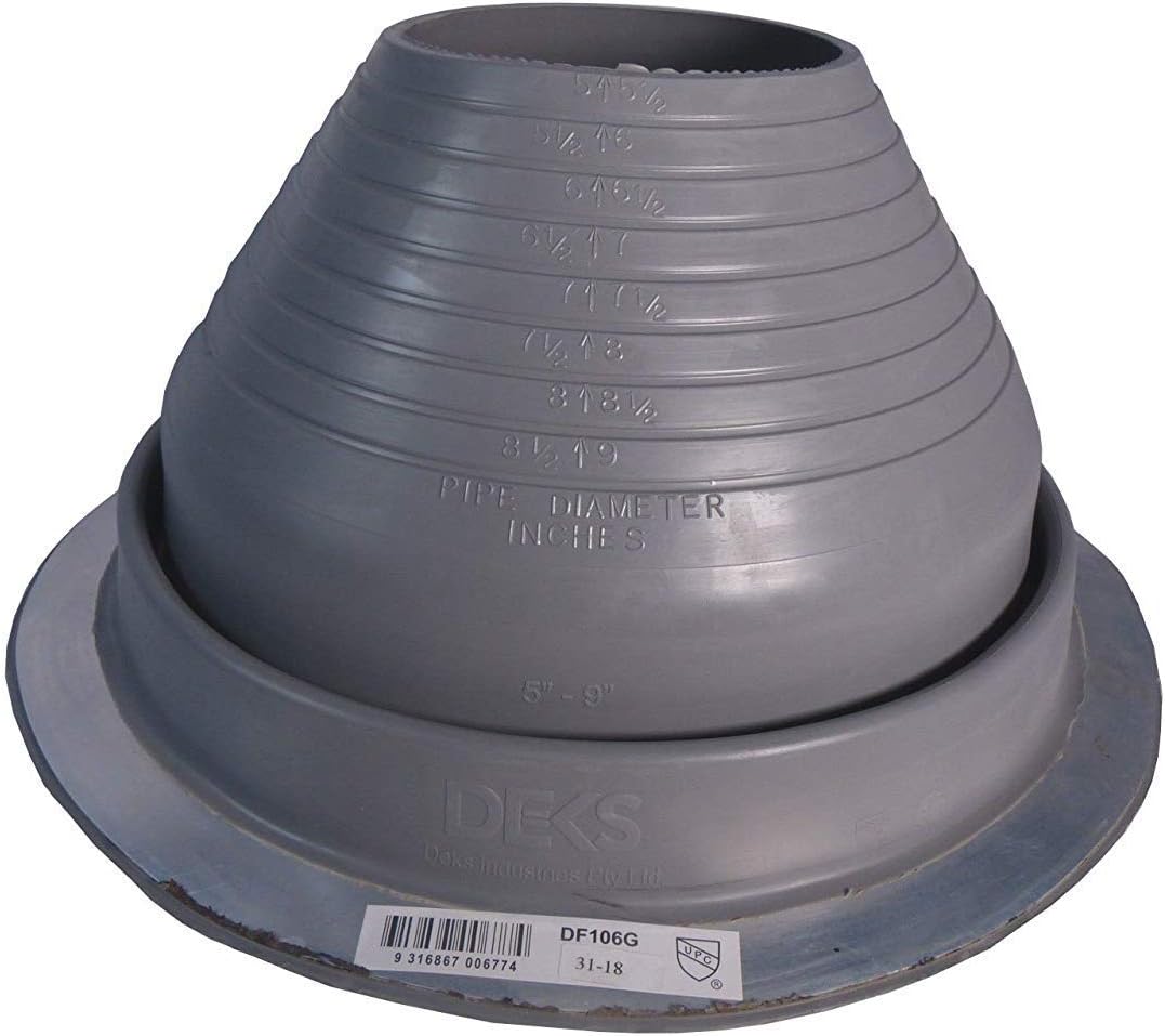 A number 6 size Gray Round Pipe Flashing Boot. The boot is made of Silicone, and the measurements are featured on the side of the boot for reference when cutting.