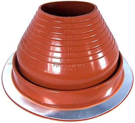 A number 6 size Red Round Metal Roofing Pipe Boot. The boot is made of EPDM and is meant for high temperature applications. The boot also features sizes on the side for reference when cutting.