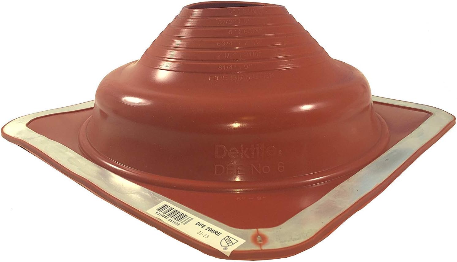 A number 6 size Red Square Metal Roofing Pipe Boot. The boot is made of EPDM and is meant for high temperature applications. The boot features dimensions on the side for reference when cutting.