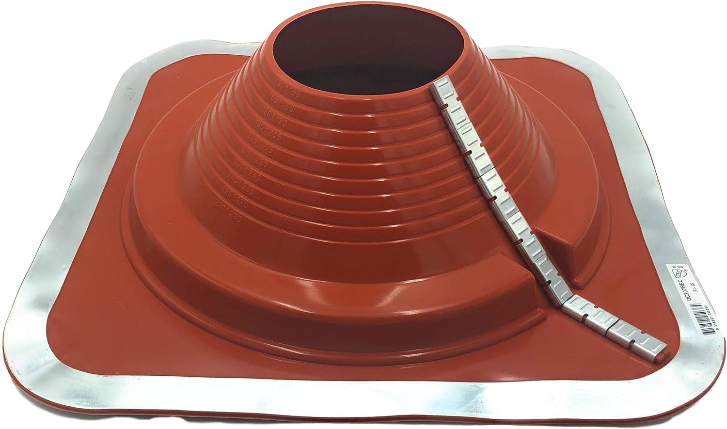 A number 6 size Red Square Base Pipe Flashing Boot. The boot is made of EPDM and is meant for high temperature applications. The boot features zipper clips on the side for installing over existing pipes.
