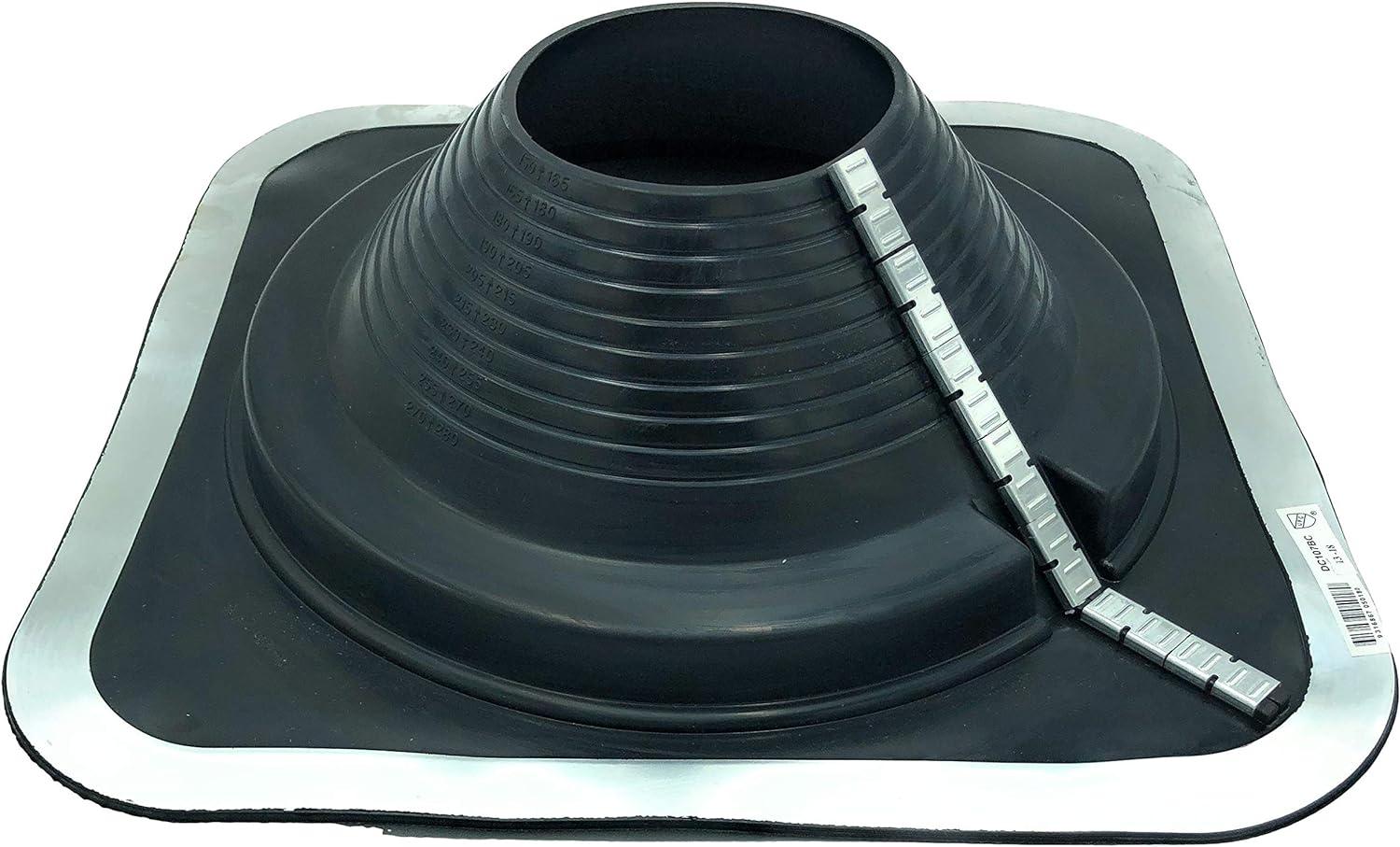 A number 7 size Black Square Pipe Flashing Boot. The boot is made of Silicone, and the measurements are featured on the side of the boot for reference when cutting. The boot features zipper clips on the side for installing over existing pipes.