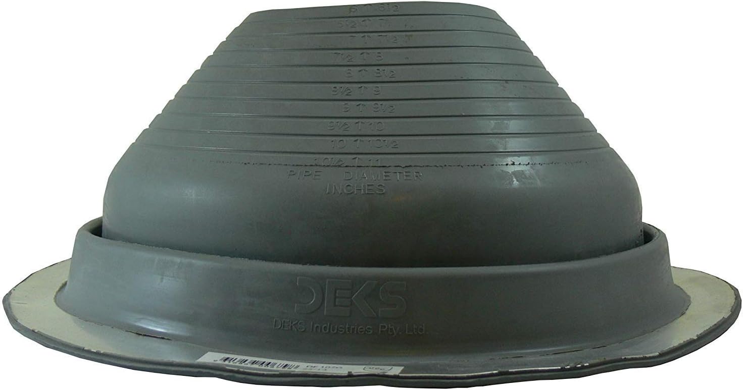 A number 7 size Gray Round Pipe Flashing Boot. The boot is made of Silicone, and the measurements are featured on the side of the boot for reference when cutting.