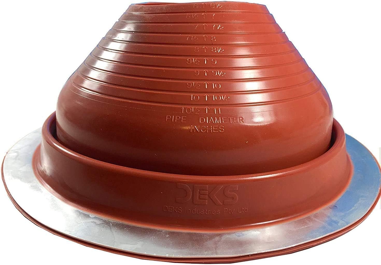 A number 7 size Red Round Metal Roofing Pipe Boot. The boot is made of EPDM and is meant for high temperature applications. The boot also features sizes on the side for reference when cutting.