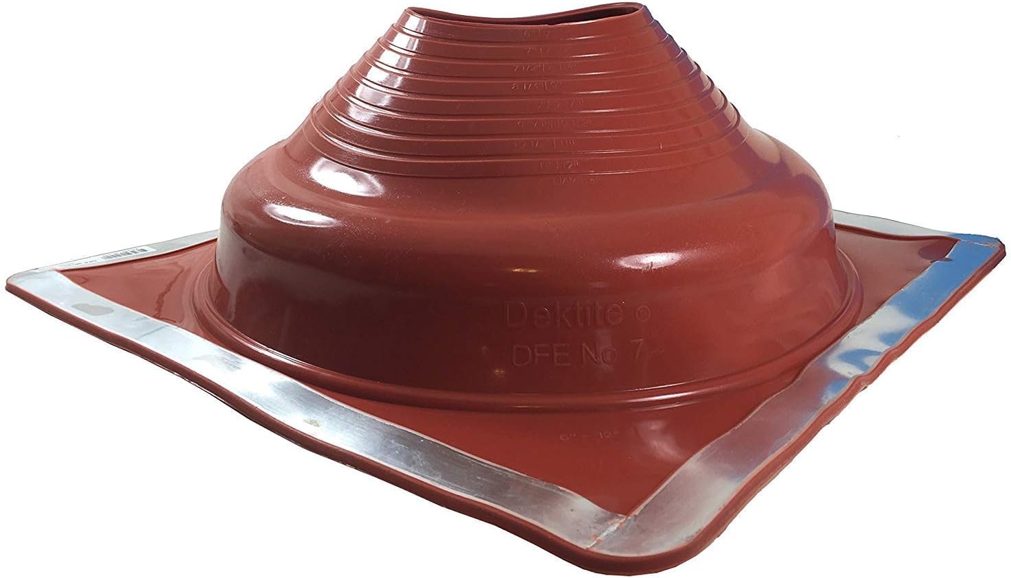 A number 7 size Red Square Metal Roofing Pipe Boot. The boot is made of EPDM and is meant for high temperature applications. The boot features dimensions on the side for reference when cutting.