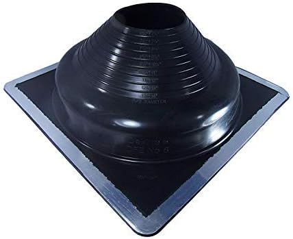 A number 8 size Black Square Pipe Flashing Boot. The boot is made of Silicone, and the measurements are featured on the side of the boot for reference when cutting.