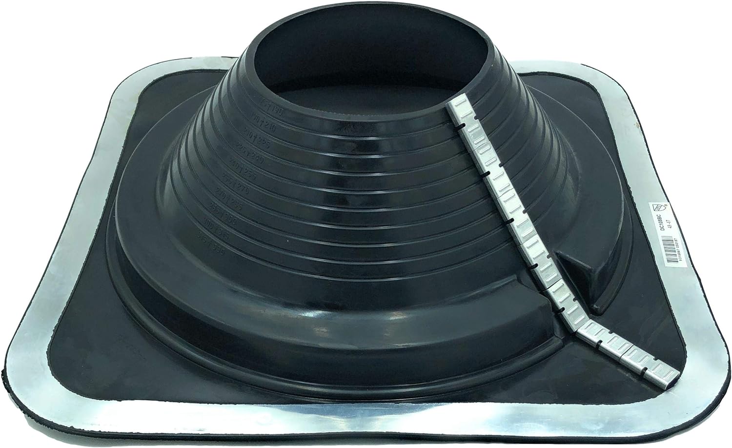 A number 8 size Black Square Pipe Flashing Boot. The boot is made of Silicone, and the measurements are featured on the side of the boot for reference when cutting. The boot features zipper clips on the side for installing over existing pipes.