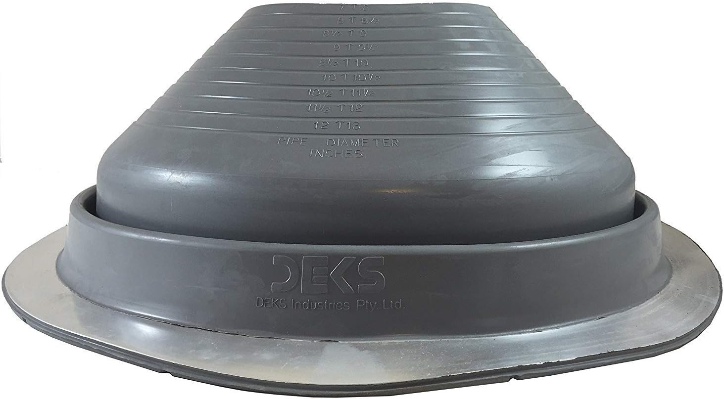 A number 8 size Gray Round Pipe Flashing Boot. The boot is made of Silicone, and the measurements are featured on the side of the boot for reference when cutting.