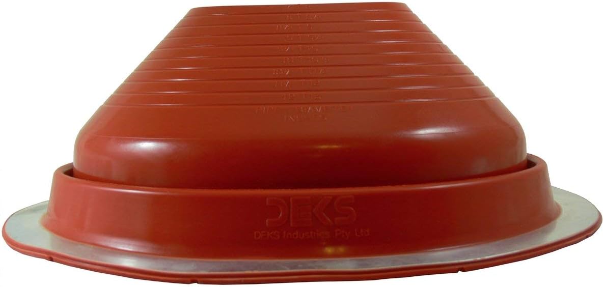 A number 8 size Red Round Metal Roofing Pipe Boot. The boot is made of EPDM and is meant for high temperature applications. The boot also features sizes on the side for reference when cutting.