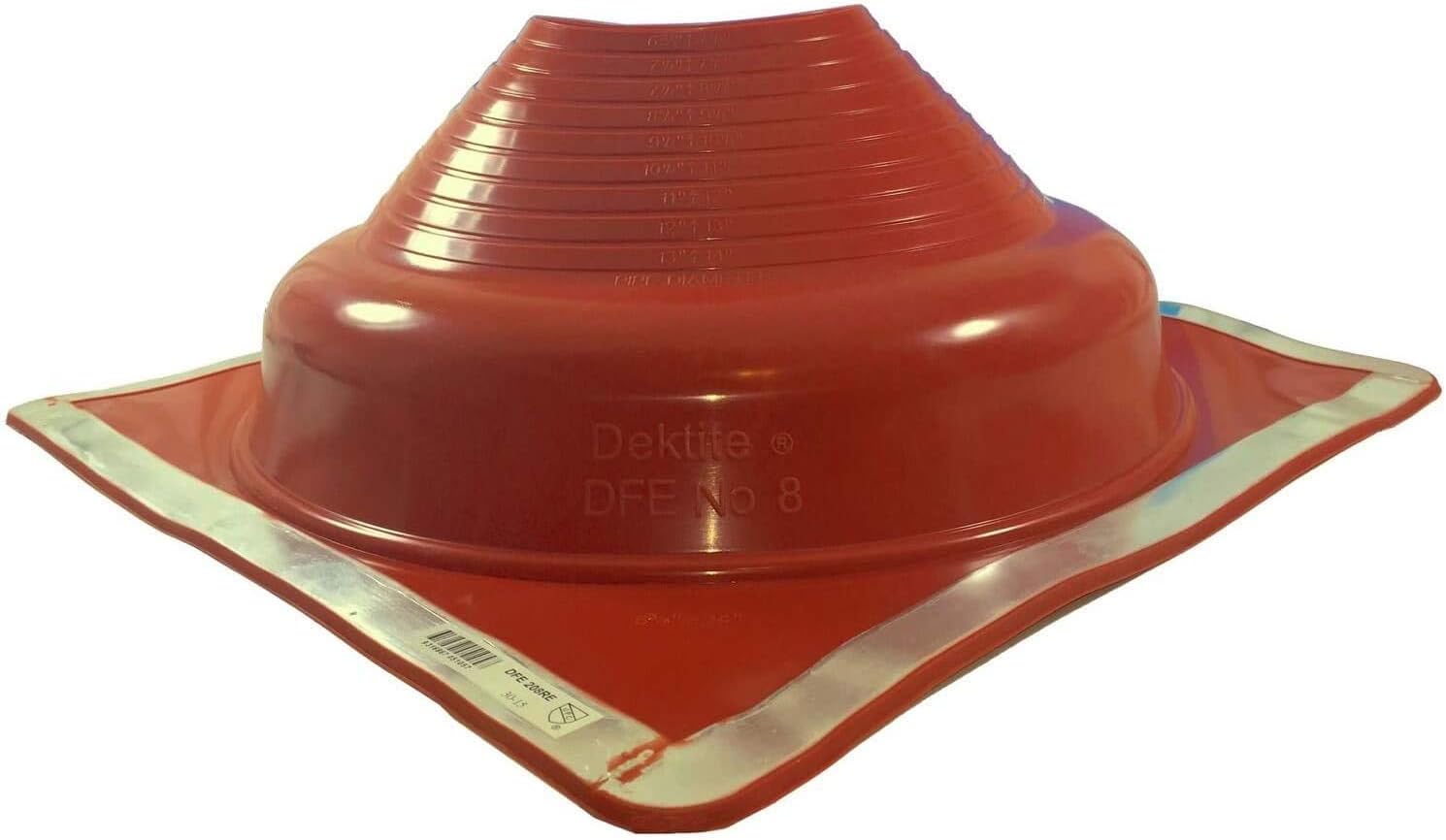 A number 8 size Red Square Metal Roofing Pipe Boot. The boot is made of EPDM and is meant for high temperature applications. The boot features dimensions on the side for reference when cutting.