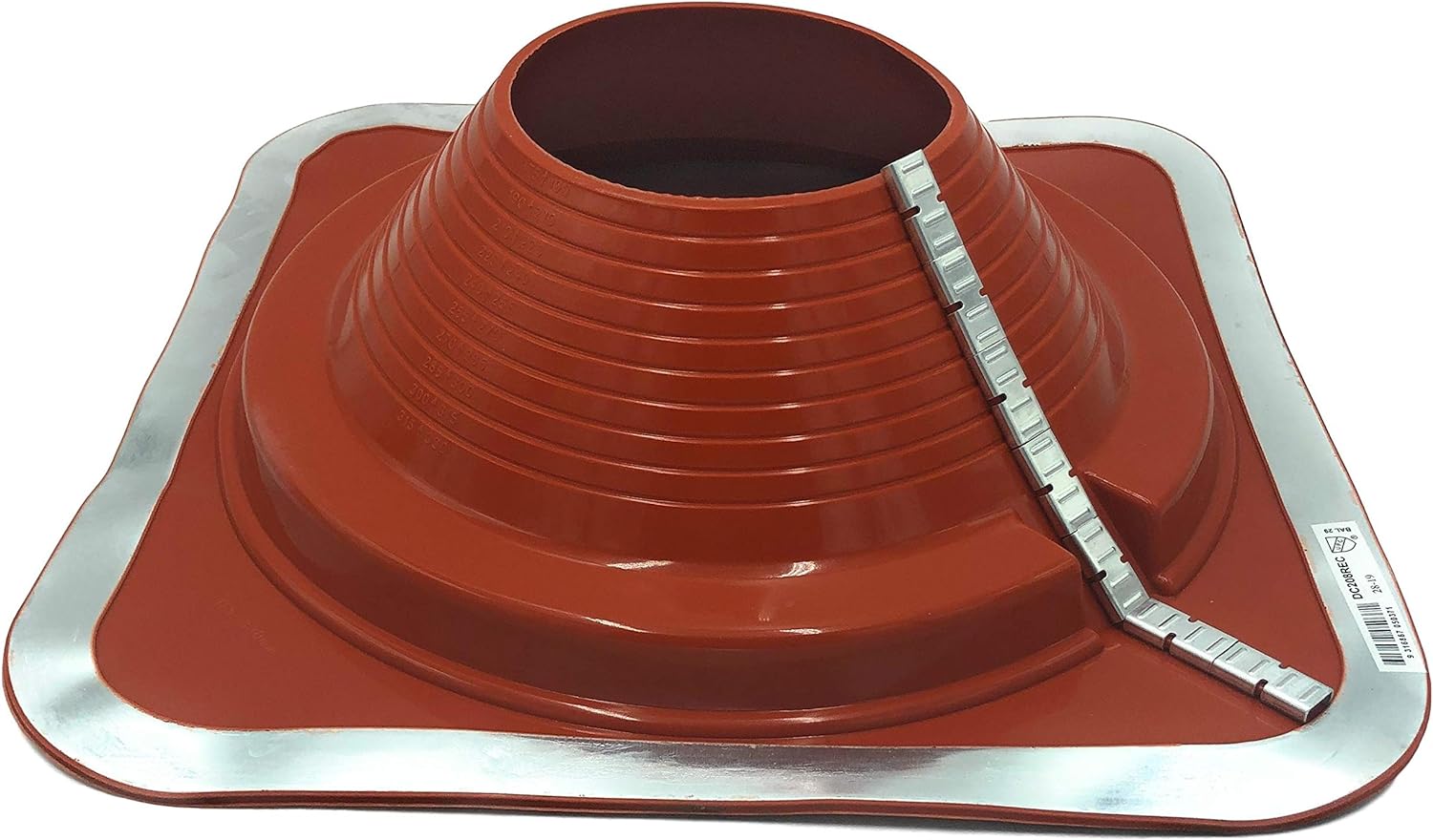 A number 8 size Red Square Base Pipe Flashing Boot. The boot is made of EPDM and is meant for high temperature applications. The boot features zipper clips on the side for installing over existing pipes.