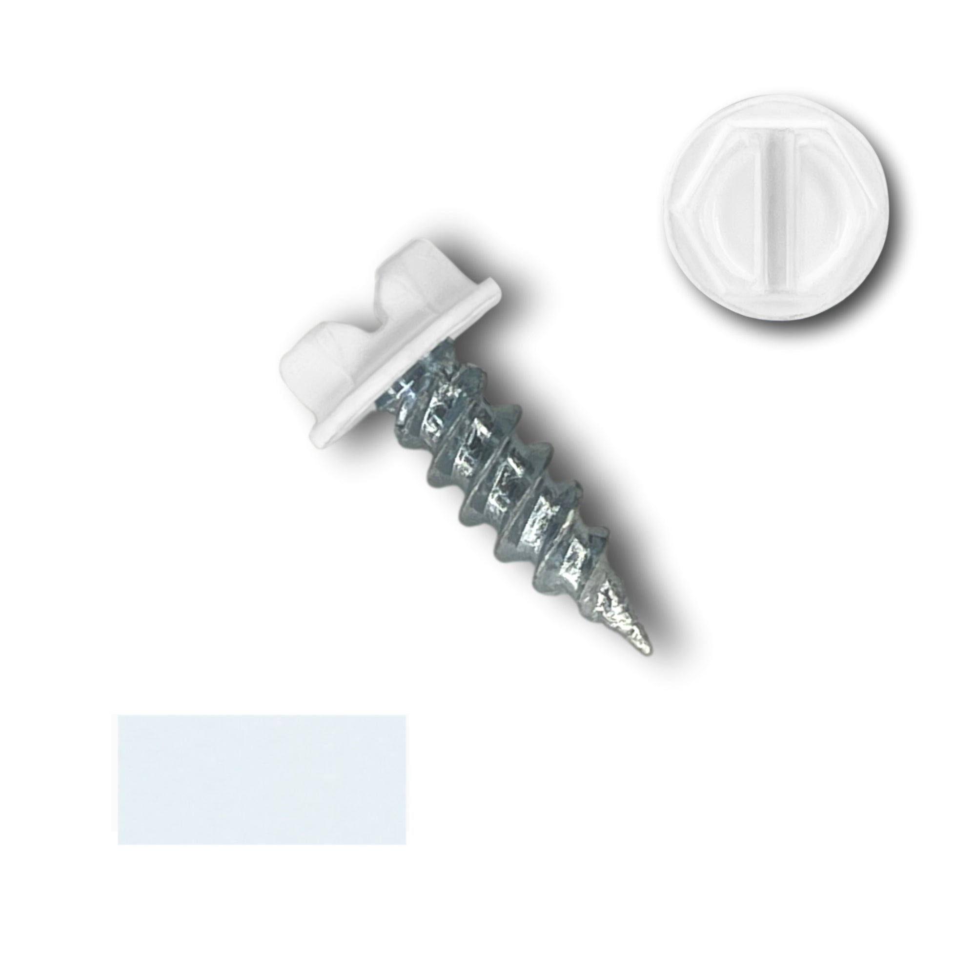 A number 8 diameter sheet metal screw that is 1/2 inches long. There is a close up image of the screw head in the top right corner and a color swatch in the bottom left corner. The screw head is White in color.