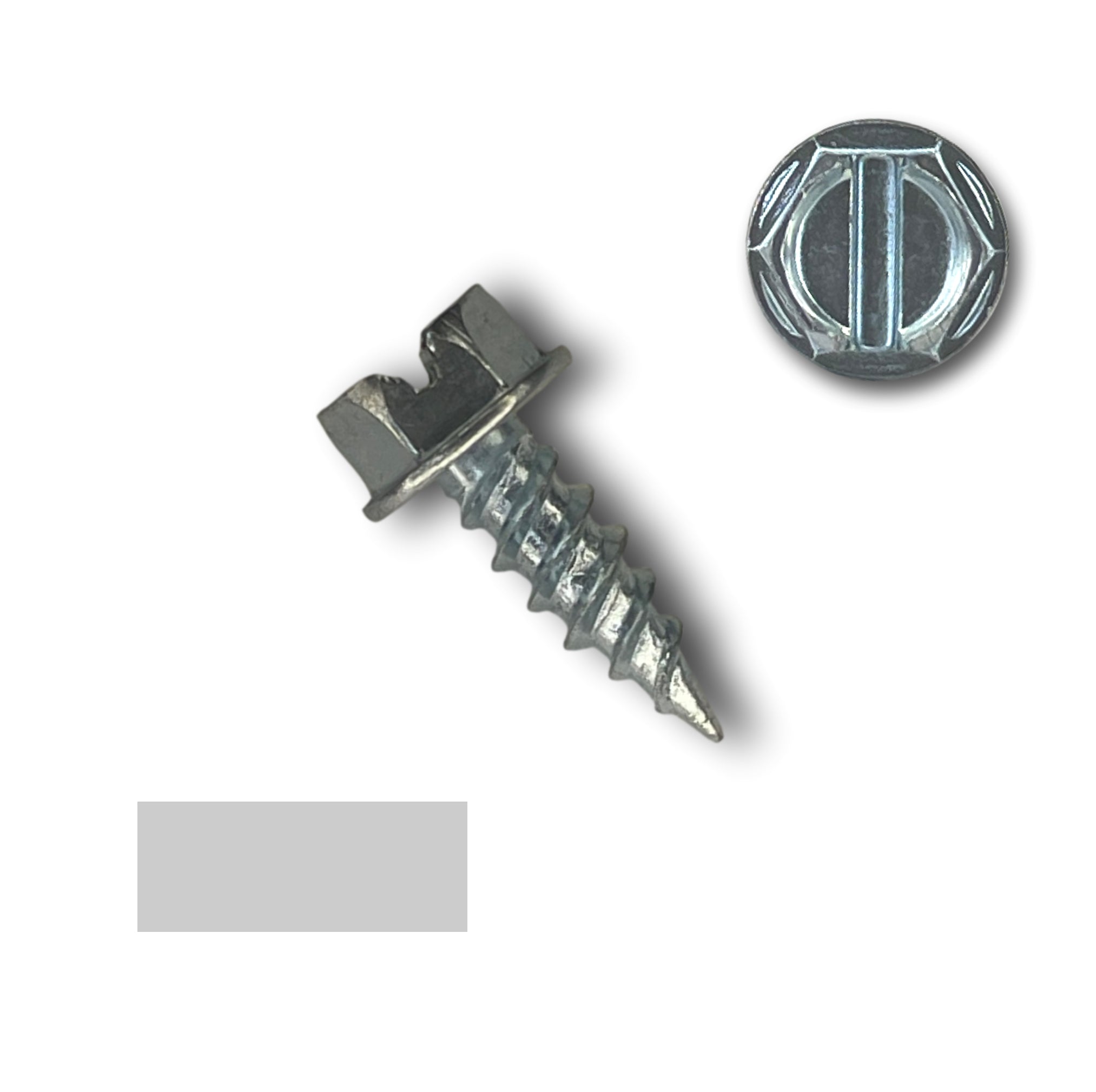 A number 8 diameter sheet metal screw that is 1/2 inches long. There is a close up image of the screw head in the top right corner and a color swatch in the bottom left corner. The screw is Zinc/Unpainted in color.