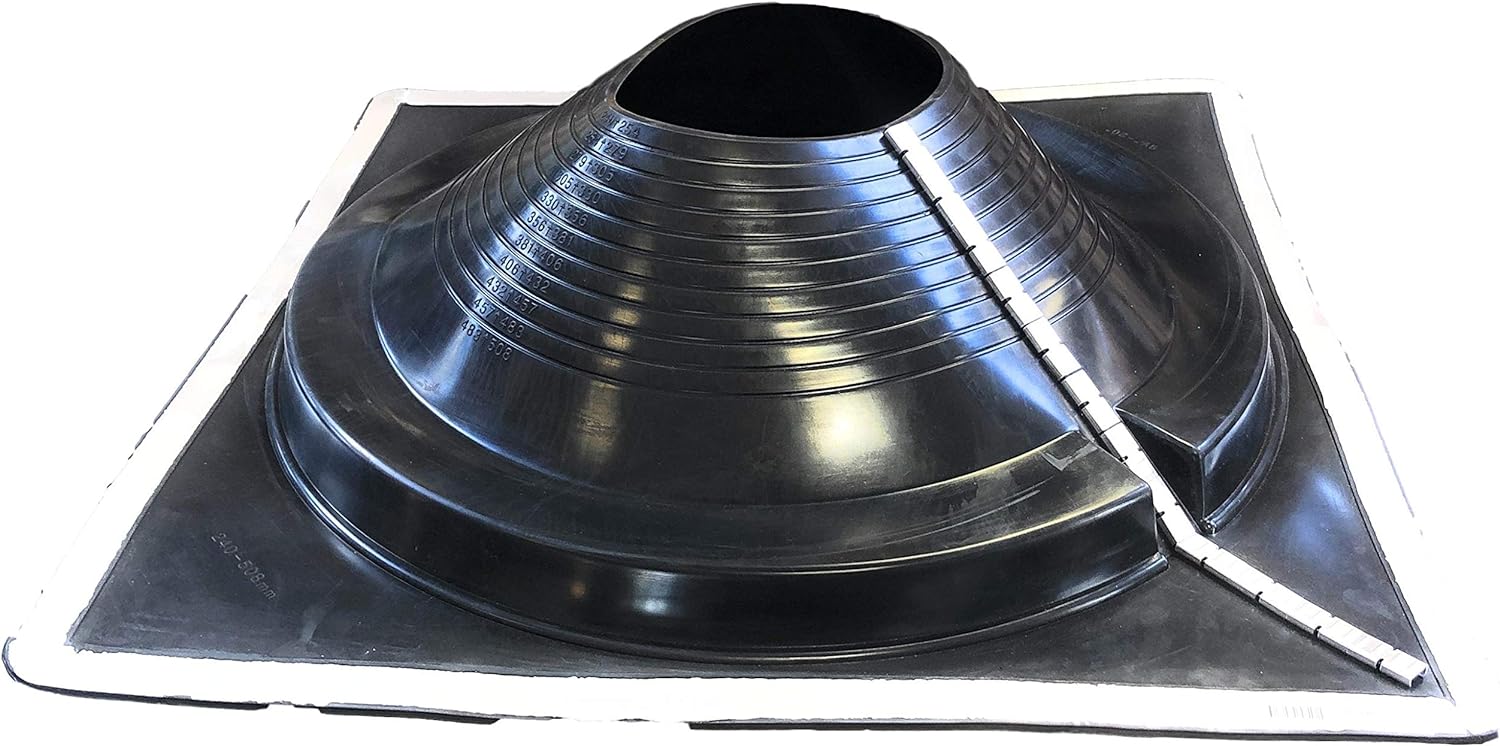 A number 9 size Black Square Pipe Flashing Boot. The boot is made of Silicone, and the measurements are featured on the side of the boot for reference when cutting. The boot features zipper clips on the side for installing over existing pipes.