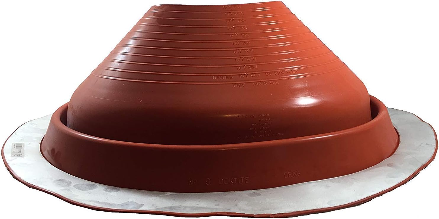A number 9 size Red Round Metal Roofing Pipe Boot. The boot is made of EPDM and is meant for high temperature applications. The boot also features sizes on the side for reference when cutting.