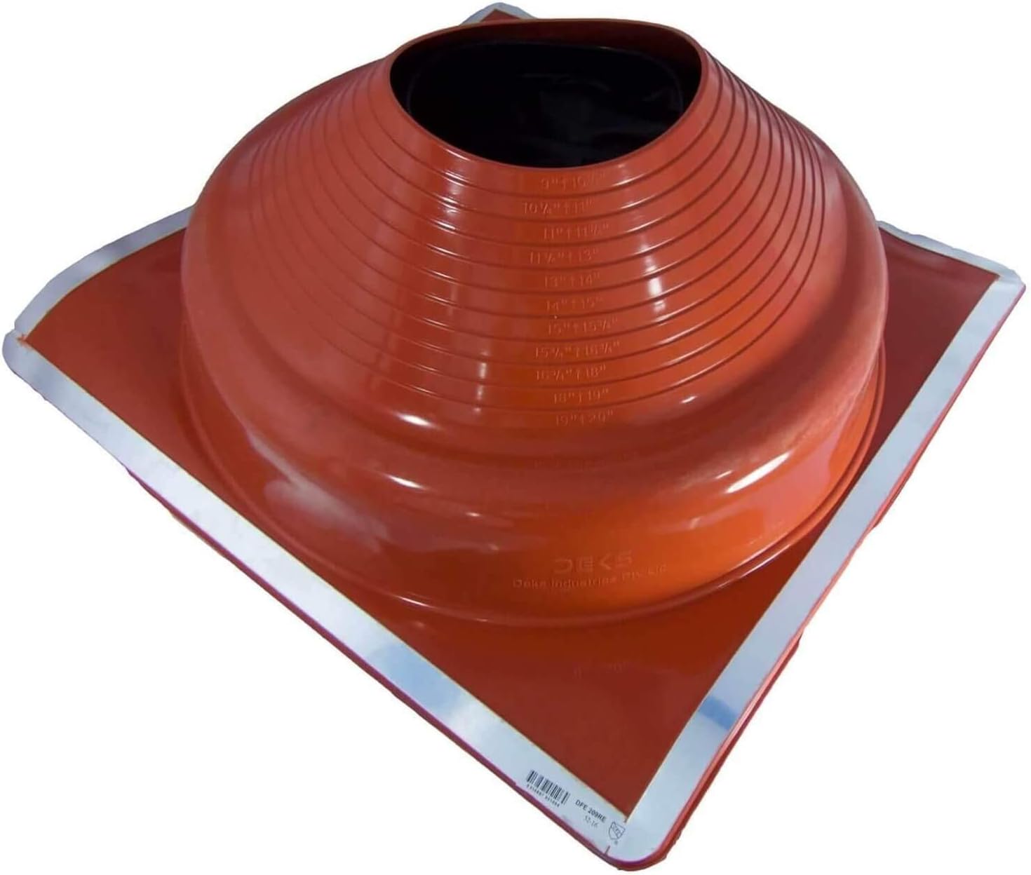 A number 9 size Red Square Metal Roofing Pipe Boot. The boot is made of EPDM and is meant for high temperature applications. The boot features dimensions on the side for reference when cutting.
