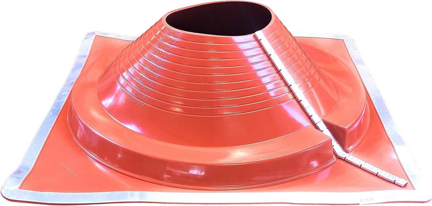 A number 9 size Red Square Base Pipe Flashing Boot. The boot is made of EPDM and is meant for high temperature applications. The boot features zipper clips on the side for installing over existing pipes.