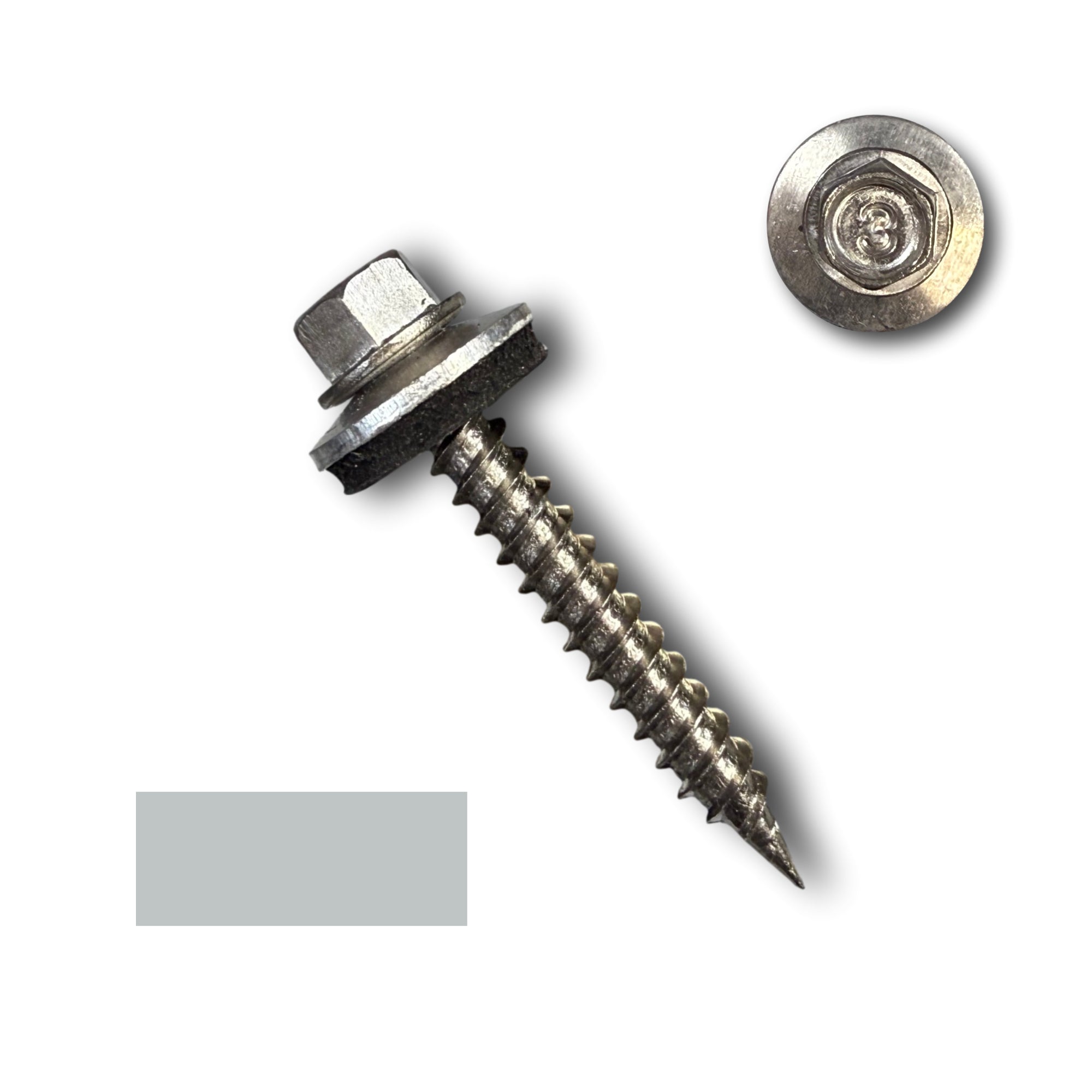 A Stainless Steel Metal Roofing Screw that is a #9 in diameter and 1.25 inches long.