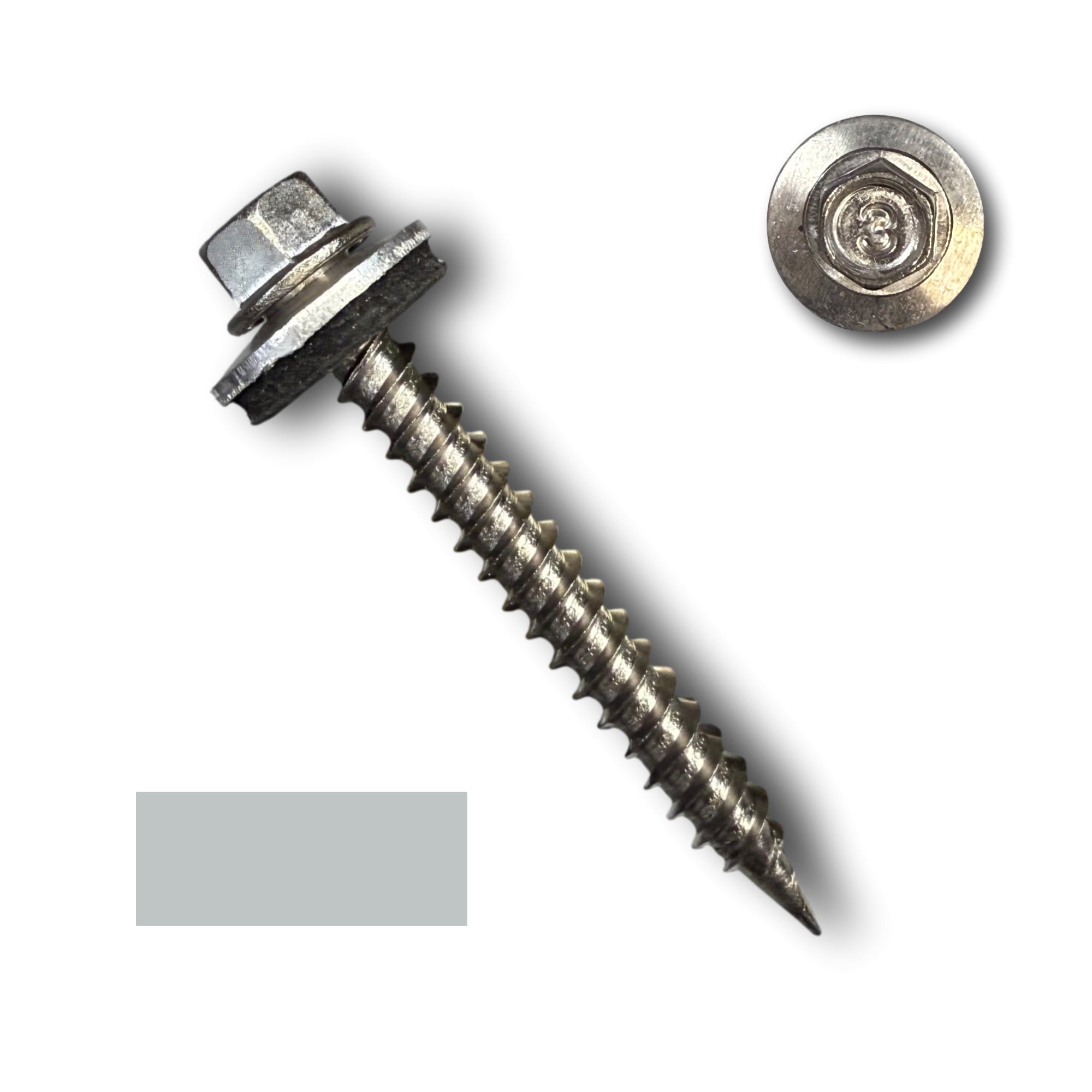 A Stainless Steel Metal Roofing Screw that is a #9 in diameter and 1.5 inches long.