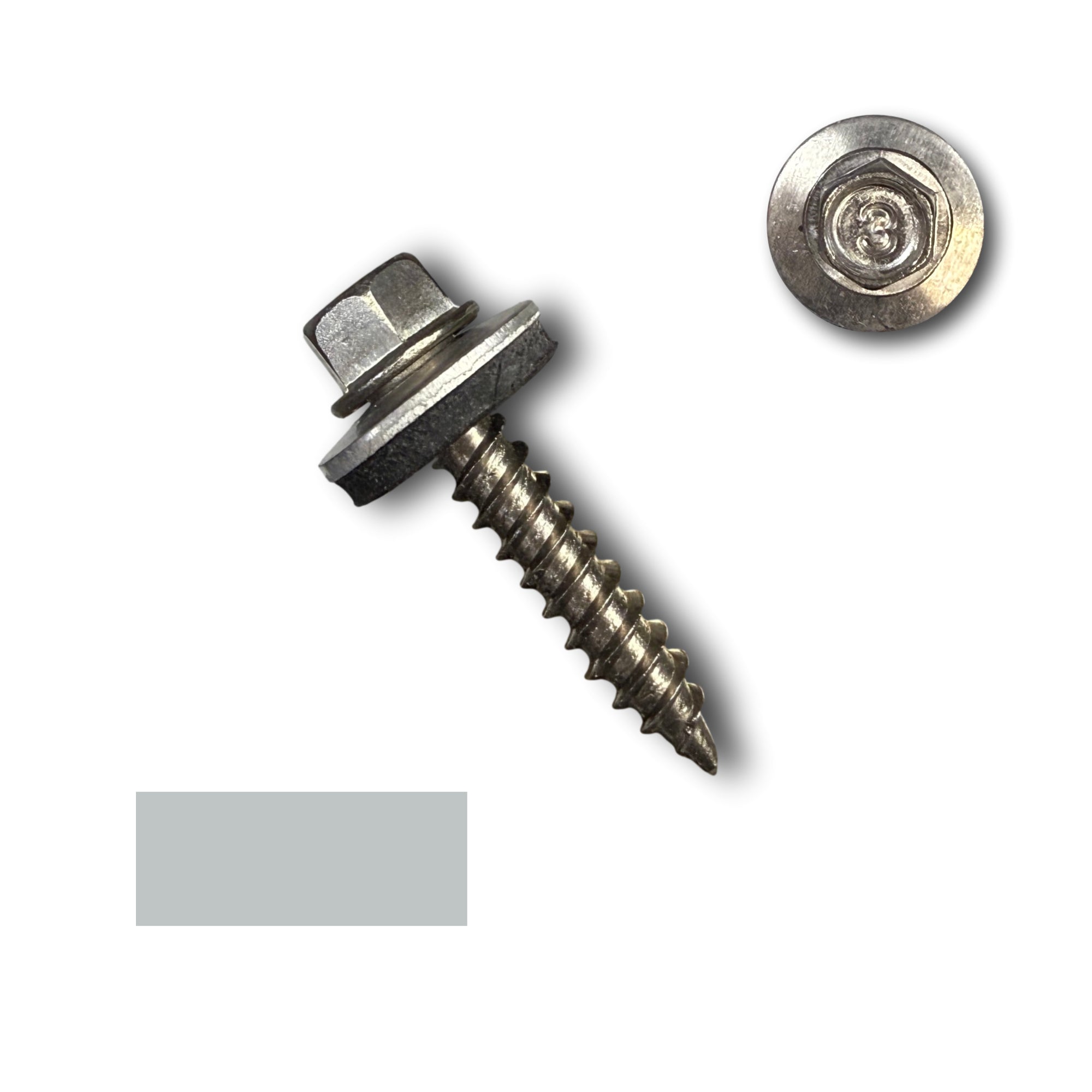 A Stainless Steel Metal Roofing Screw that is a #9 in diameter and 1 inches long.