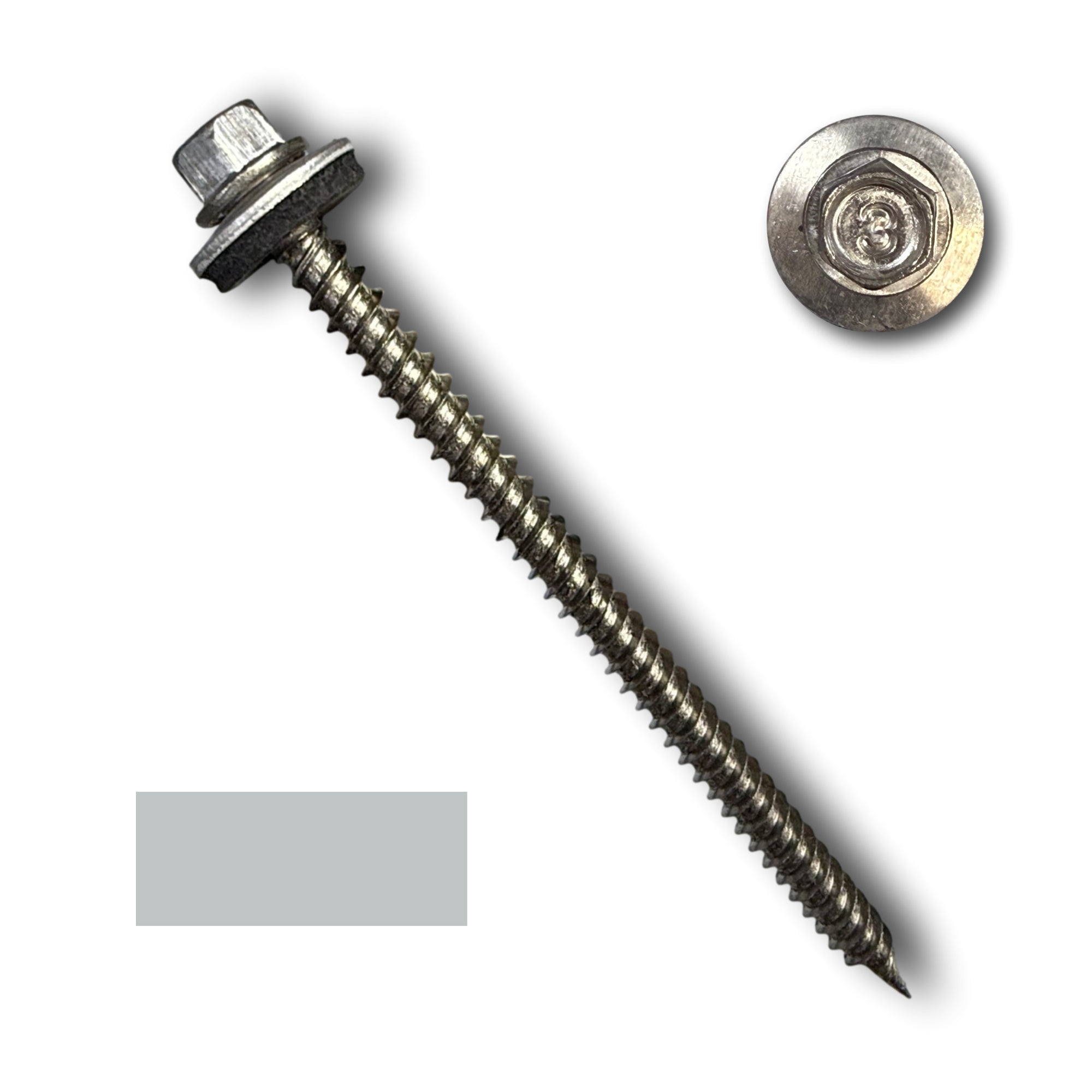 A Stainless Steel Metal Roofing Screw that is a #9 in diameter and 3 inches long.